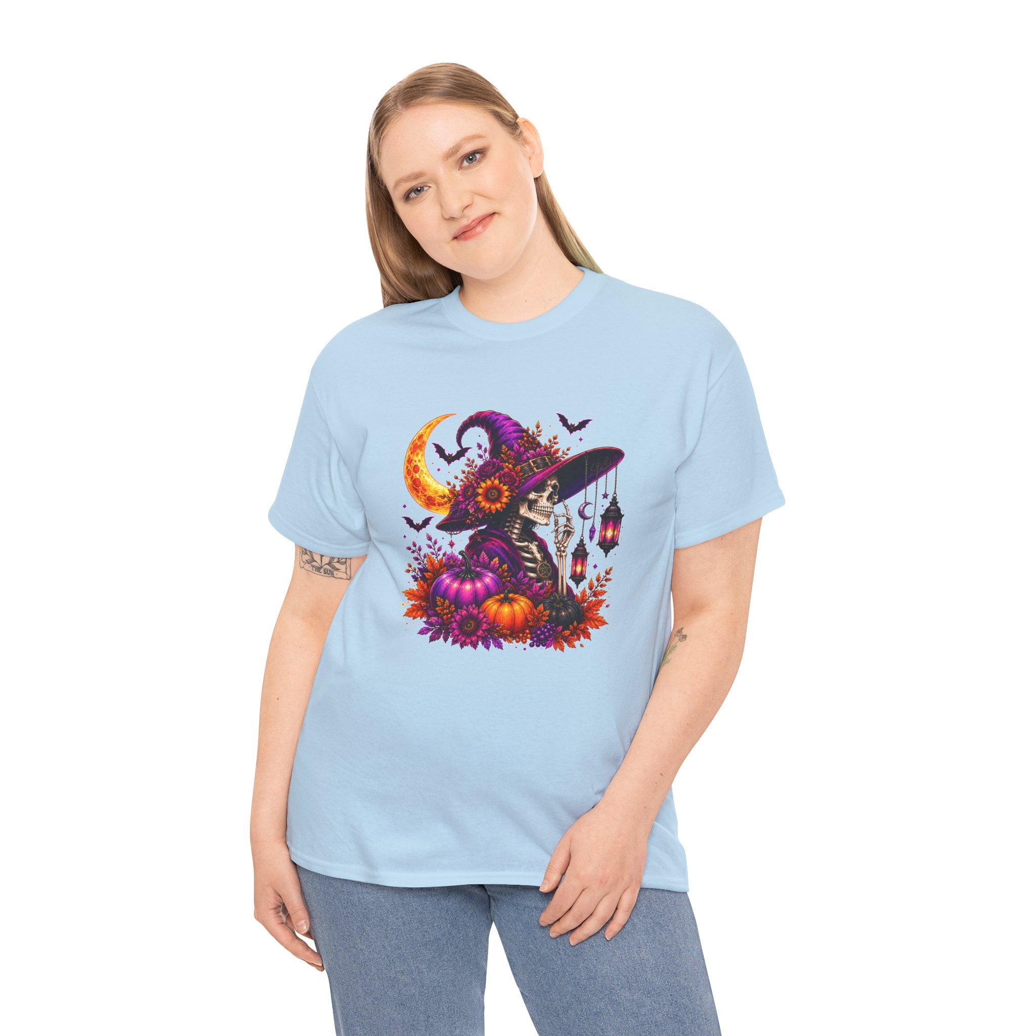Halloween Witch Skeleton T-Shirt, Spooky Pumpkin Moon Tee, Gothic Fall Graphic Shirt, Halloween Gift for Her