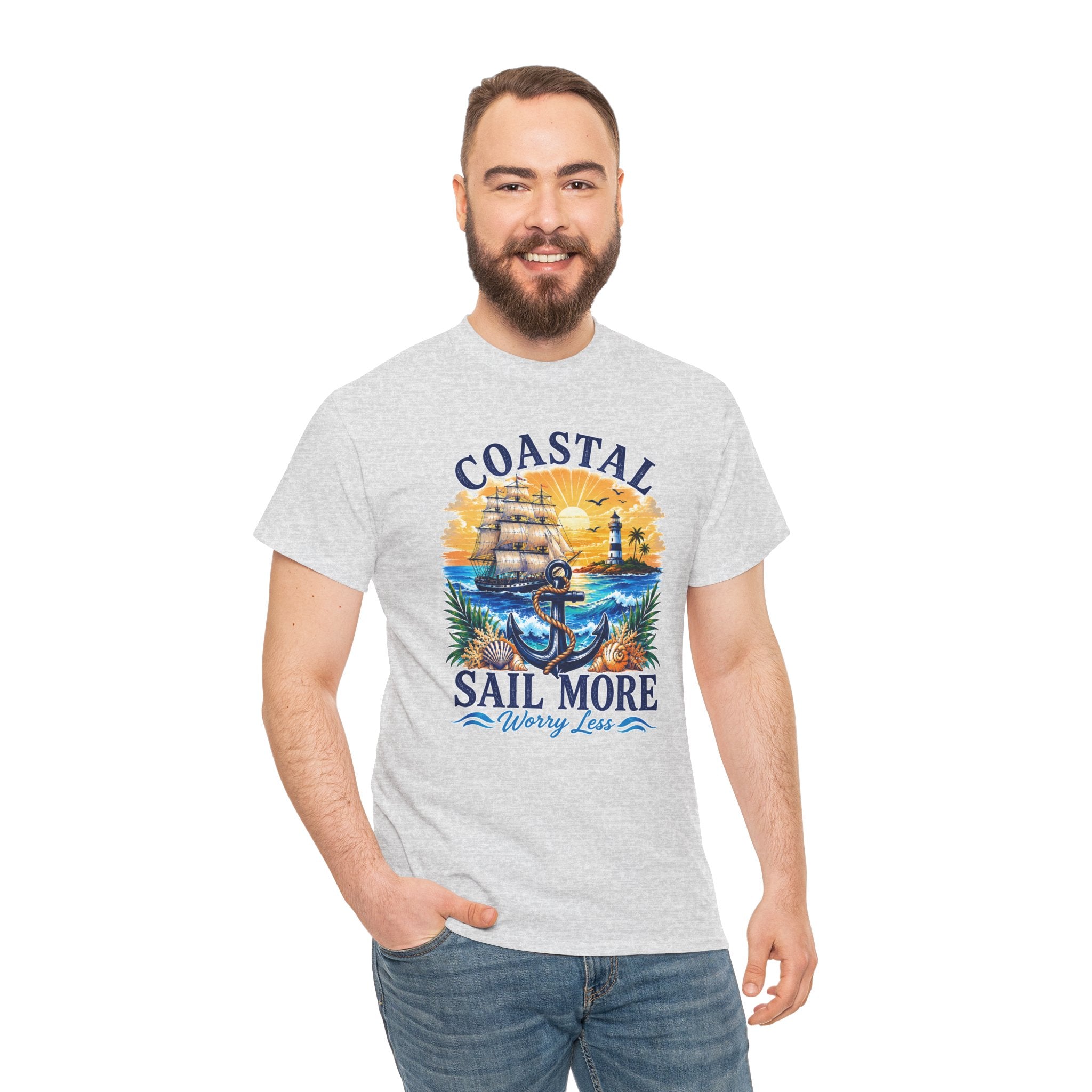 Coastal Sail More Worry Less T-Shirt | Nautical Beach Graphic Tee | Sailing Lover Shirt | Ocean Sunset Gift