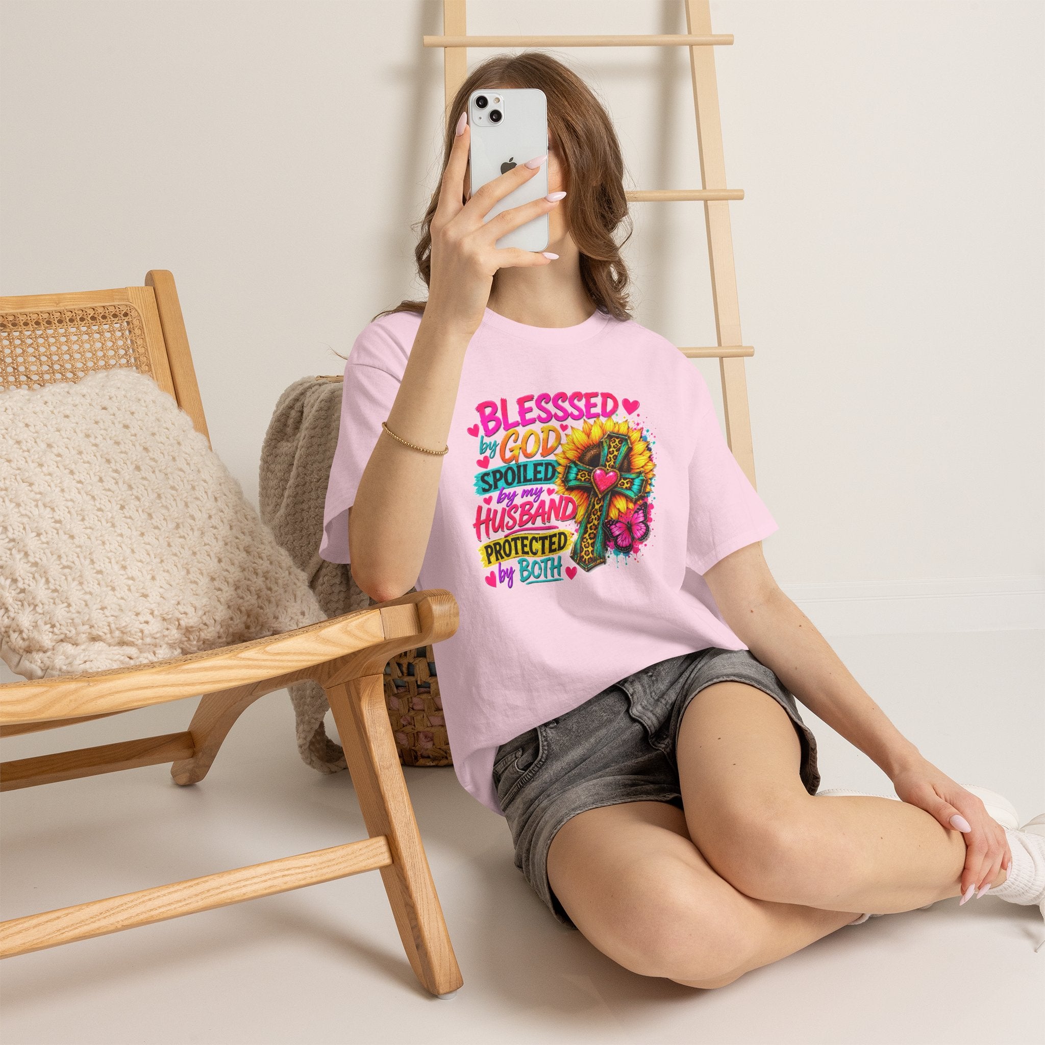 Blessed by God Spoiled by My Husband Shirt, Christian Floral Cross Tee, Faith Graphic T-Shirt for Women, Religious Gift for Wife, Cute Church Shirt