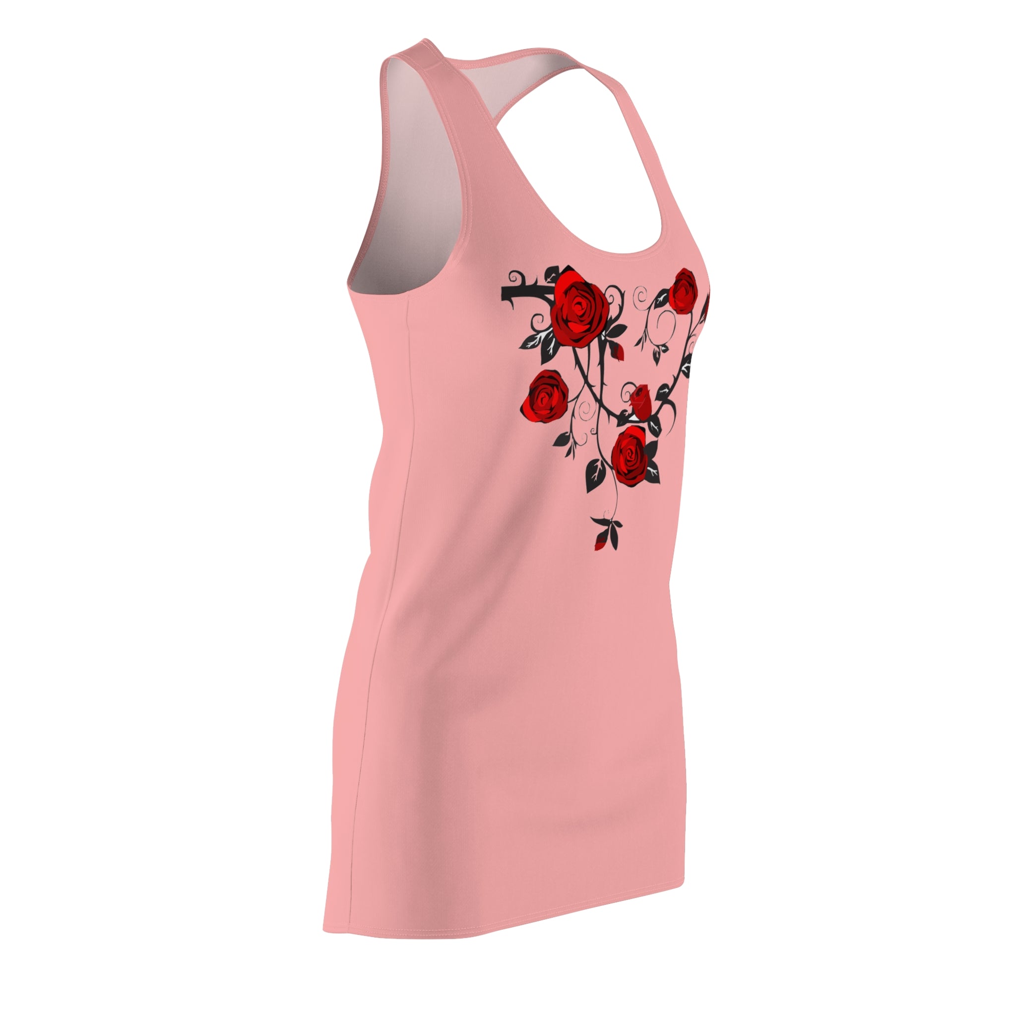Pink Floral Dress with Red Roses | Lightweight Summer Racerback Dress