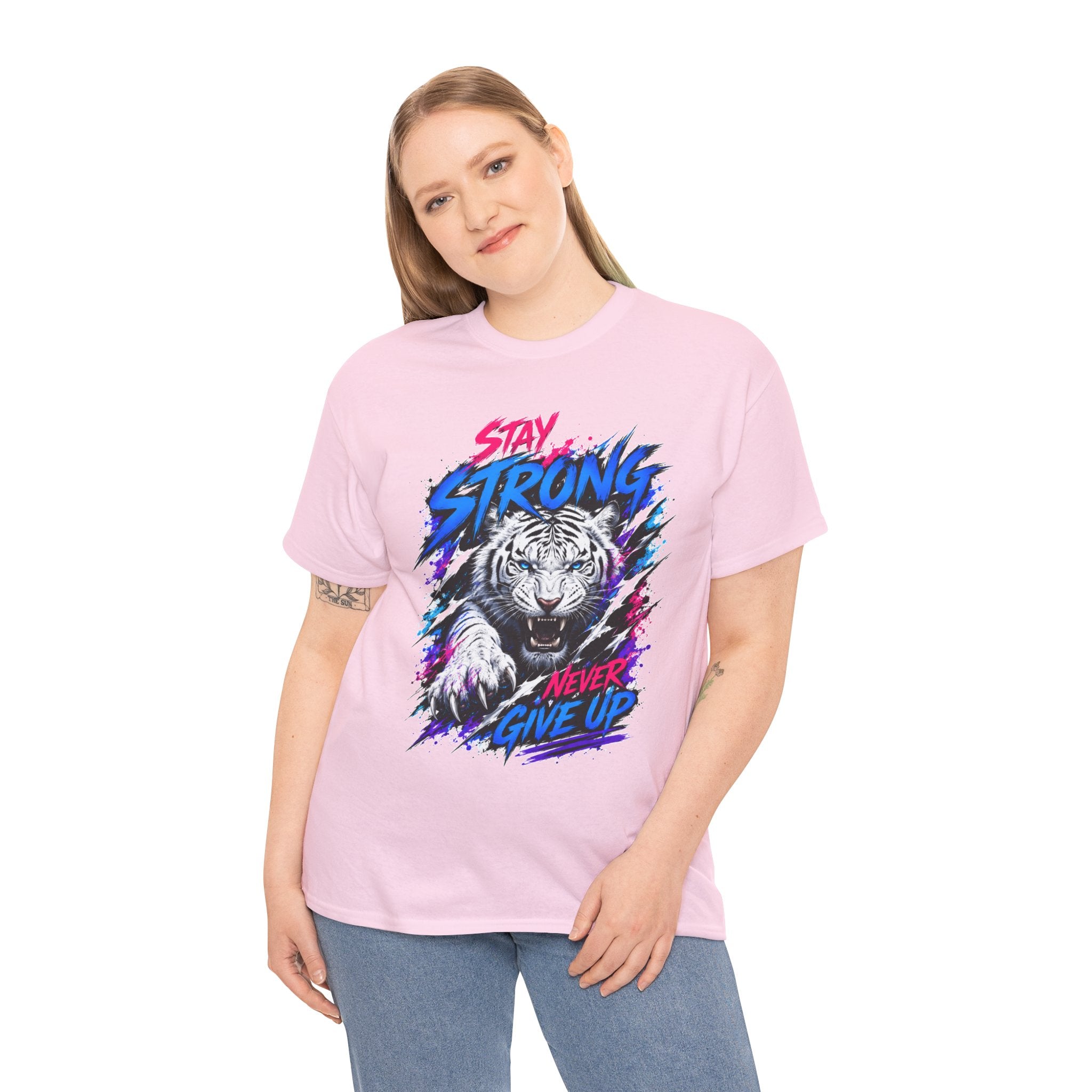 Stay Strong Never Give Up Tiger T-Shirt | White Tiger Graphic Tee | Motivational Unisex Shirt | Inspirational Animal Tee | Gift for Tiger Lovers