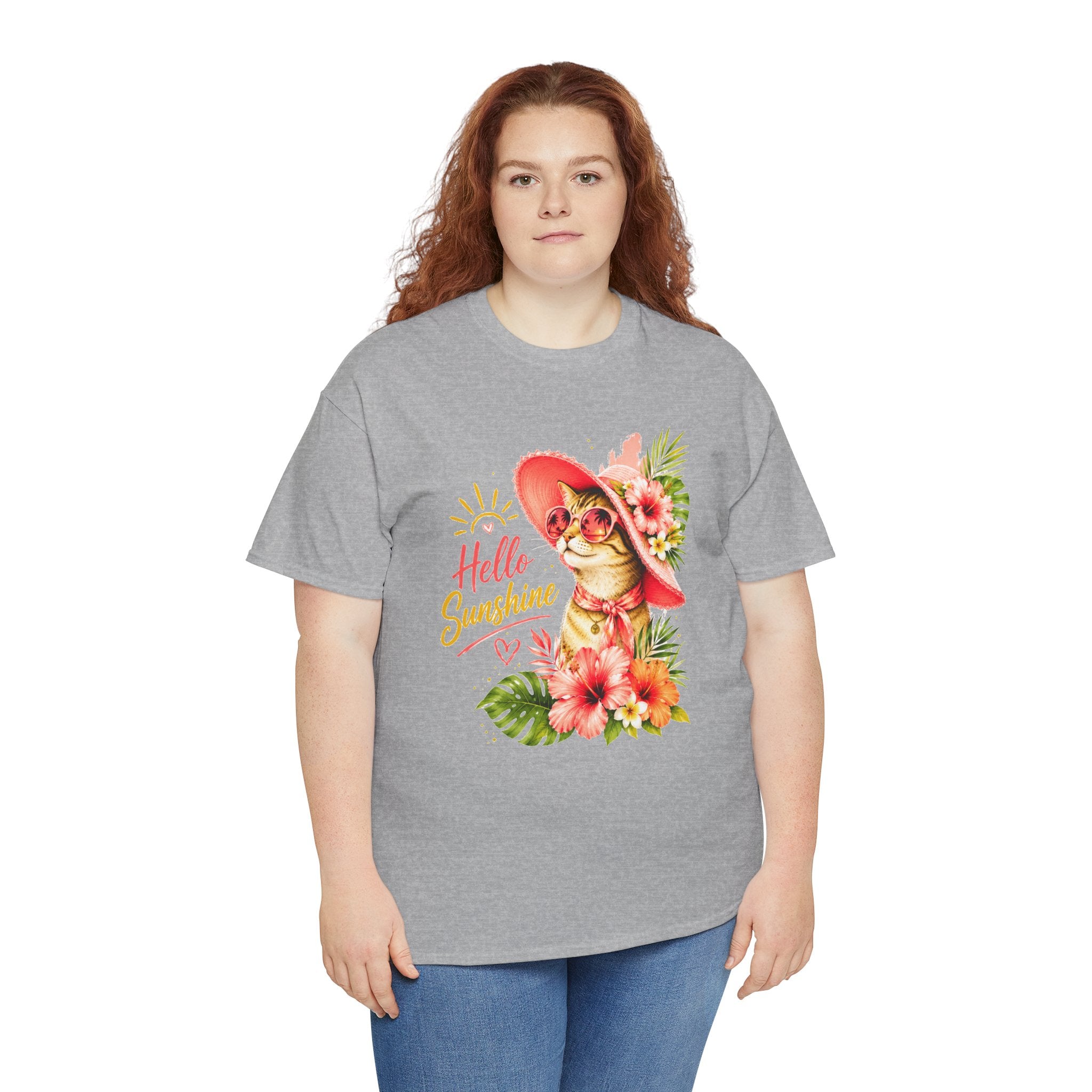 Hello Sunshine Cat Shirt | Cute Floral Cat T-Shirt | Tropical Summer Kitty Tee | Cat Lover Gift | Cute Women's Graphic Tee