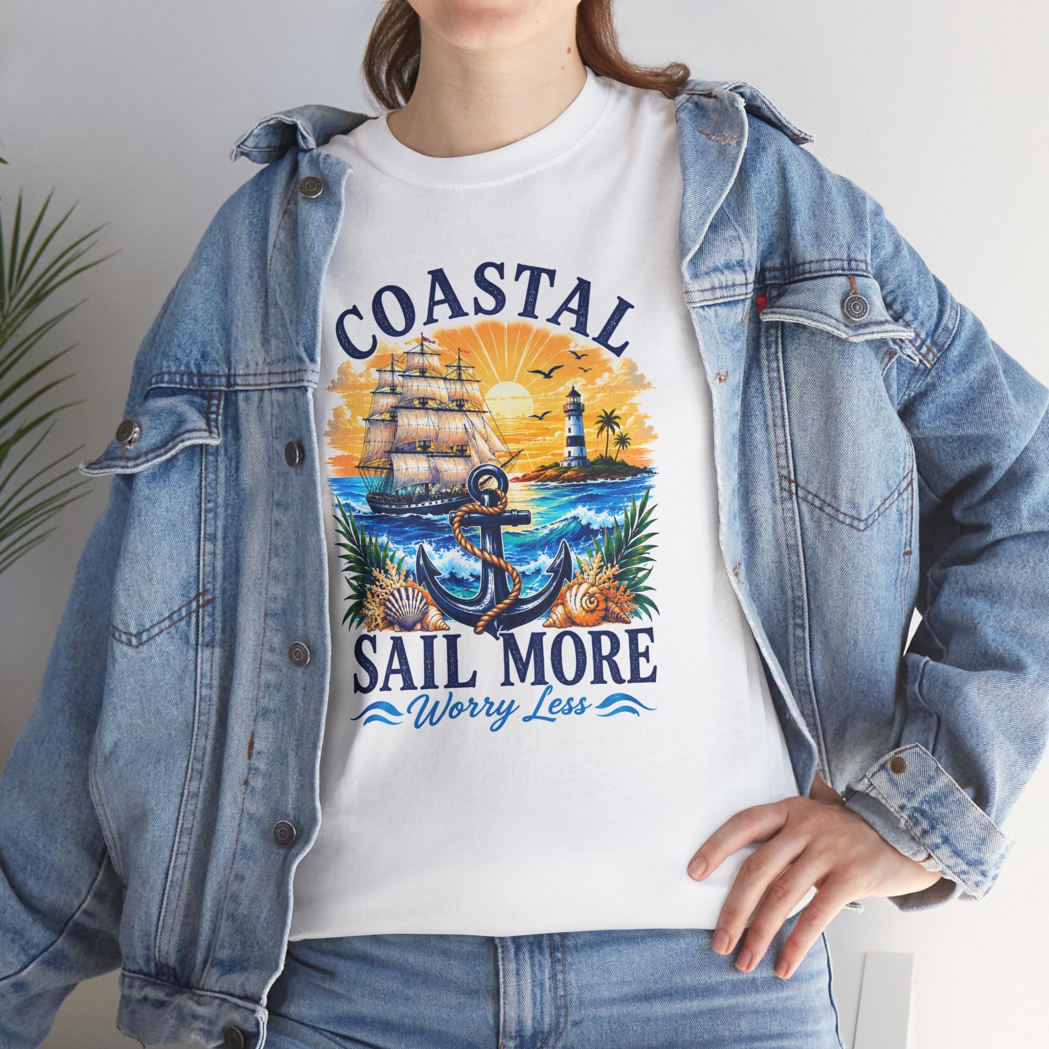 Coastal Sail More Worry Less T-Shirt | Nautical Beach Graphic Tee | Sailing Lover Shirt | Ocean Sunset Gift