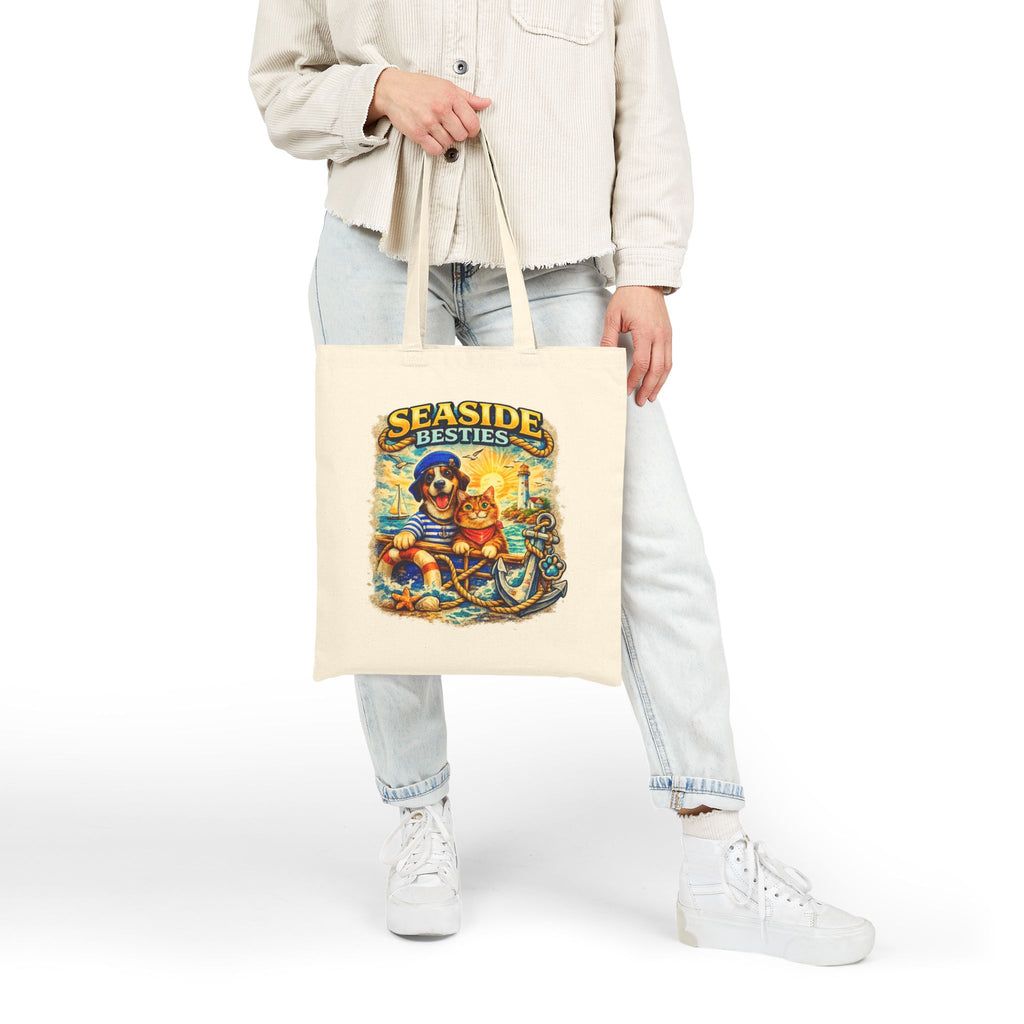 Seaside Besties Tote Bag | Beach Dog & Cat Tote Bag | Coastal Canvas Bag | Ocean Lover Gift