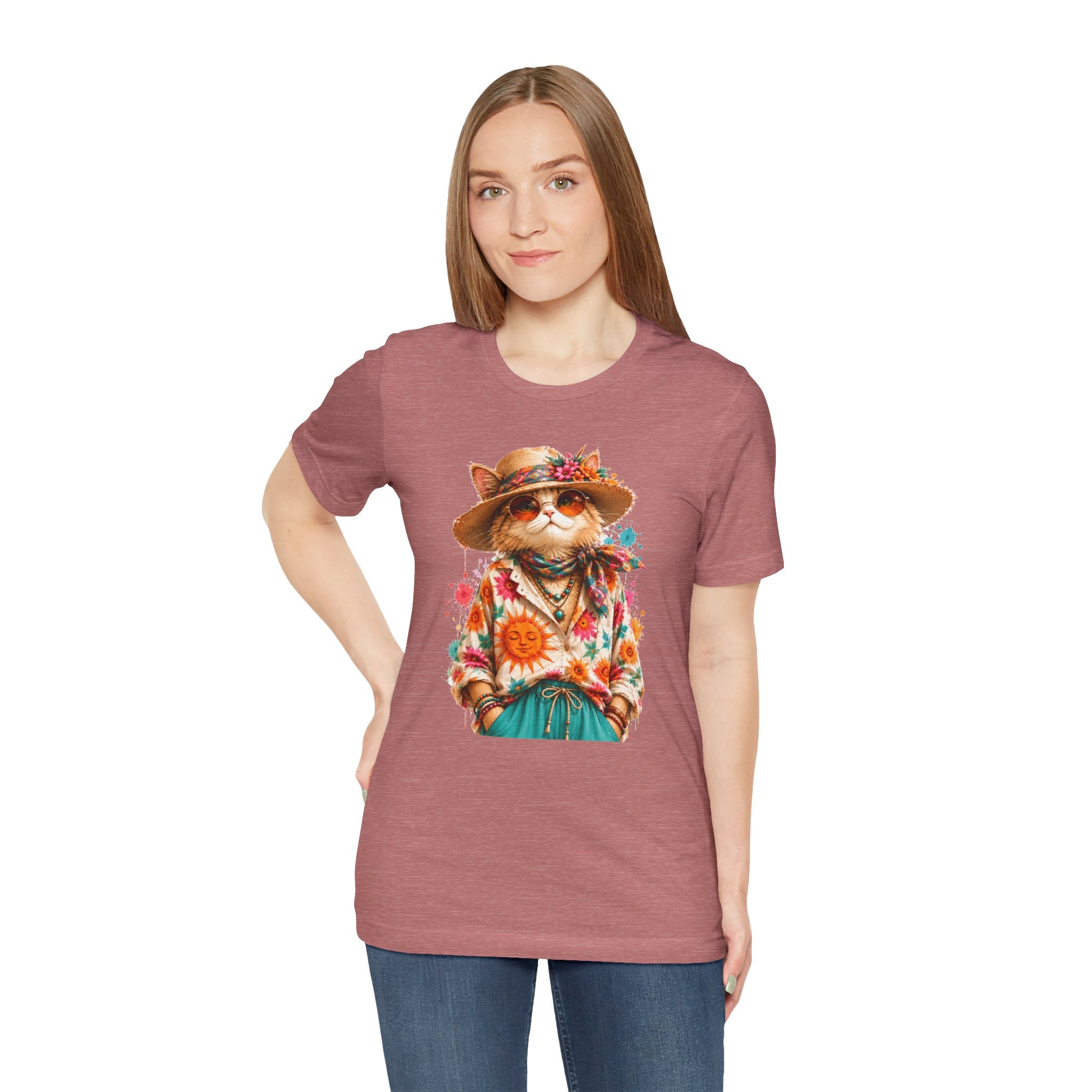 Boho Cat Graphic Tee — Floral Hat & Sunshine Cat T-Shirt