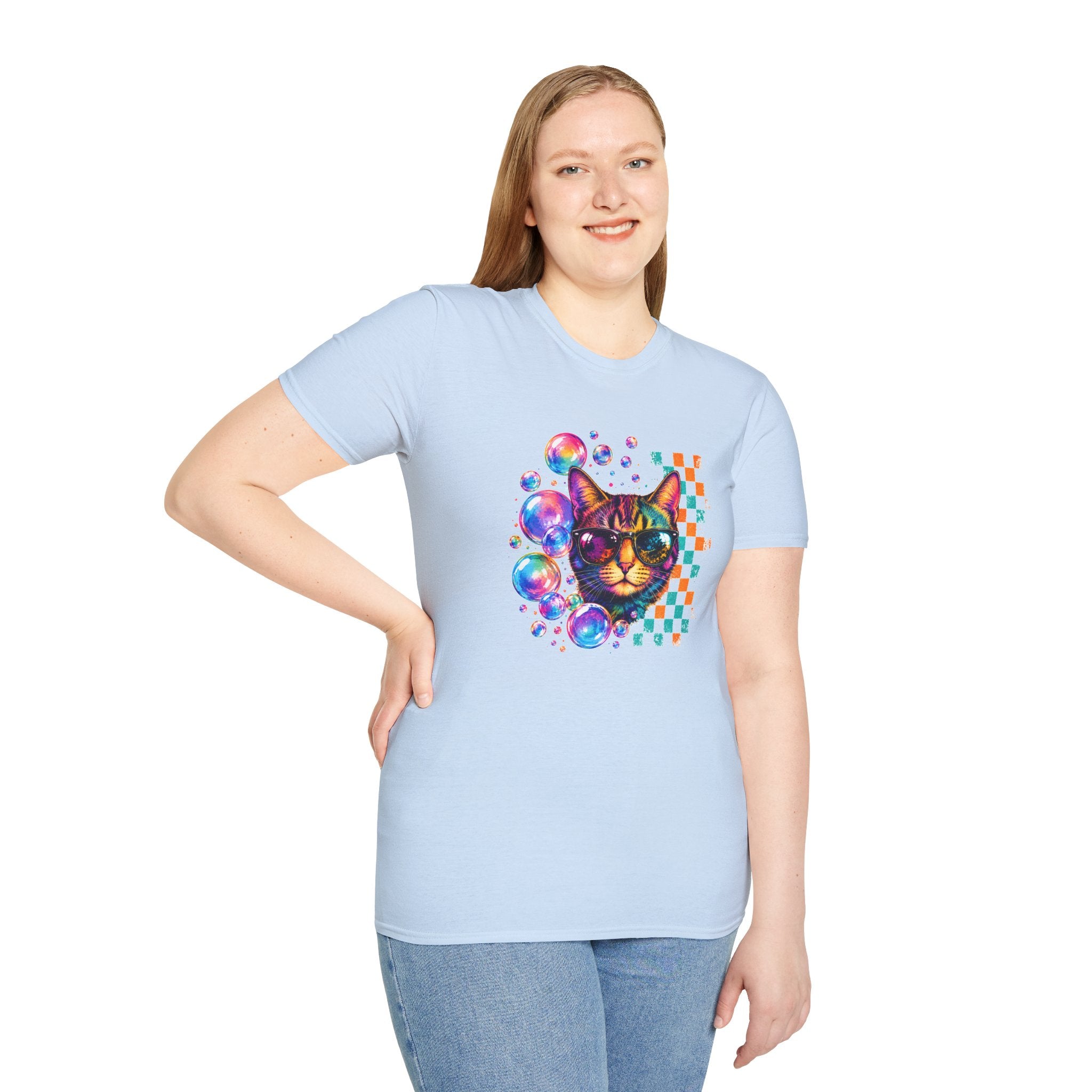 Colorful Cat Sunglasses T-Shirt, Retro Pop Art Cat Tee, Fun Graphic Shirt