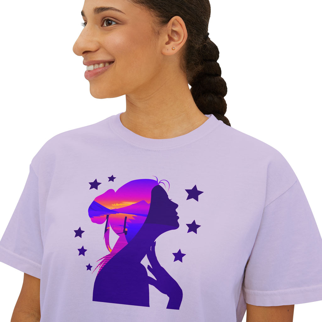 Women's Boxy Tee — Purple Sunset Silhouette Tee for Girls & Teens
