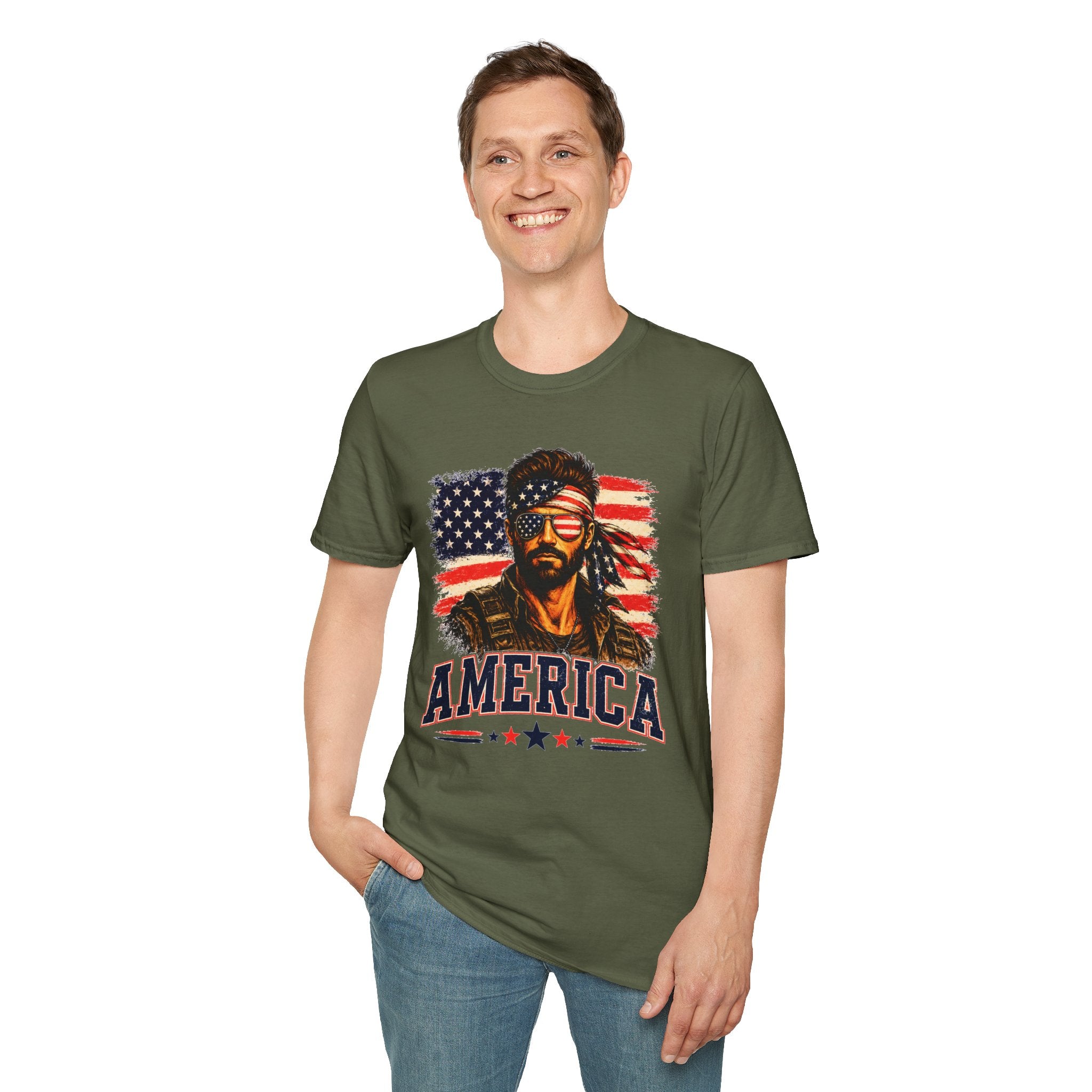 Patriotic Bandana Man T-Shirt — USA Flag Graphic Tee ("America")