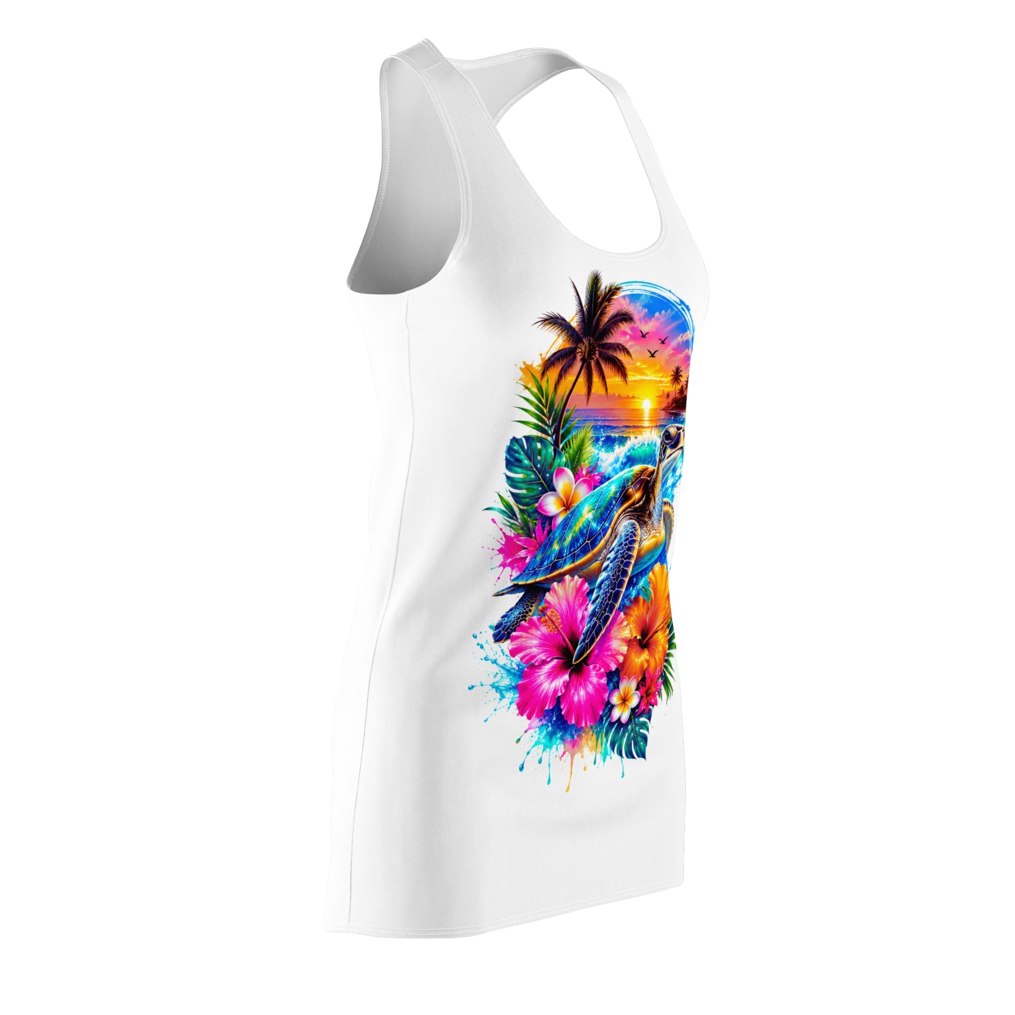 Tropical Sea Turtle Racerback Dress — Sunset Hibiscus Beach Print