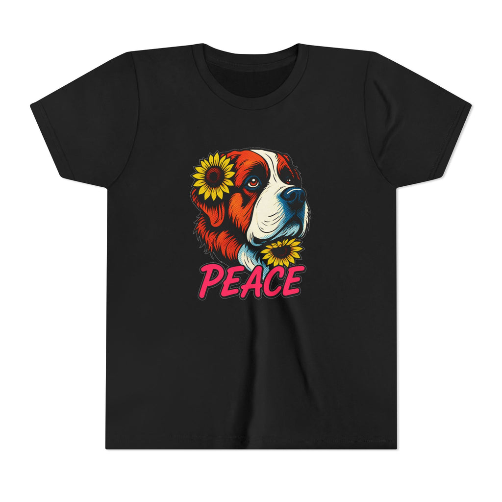 Youth Tee — Saint Bernard Dog with Sunflowers "Peace" Graphic