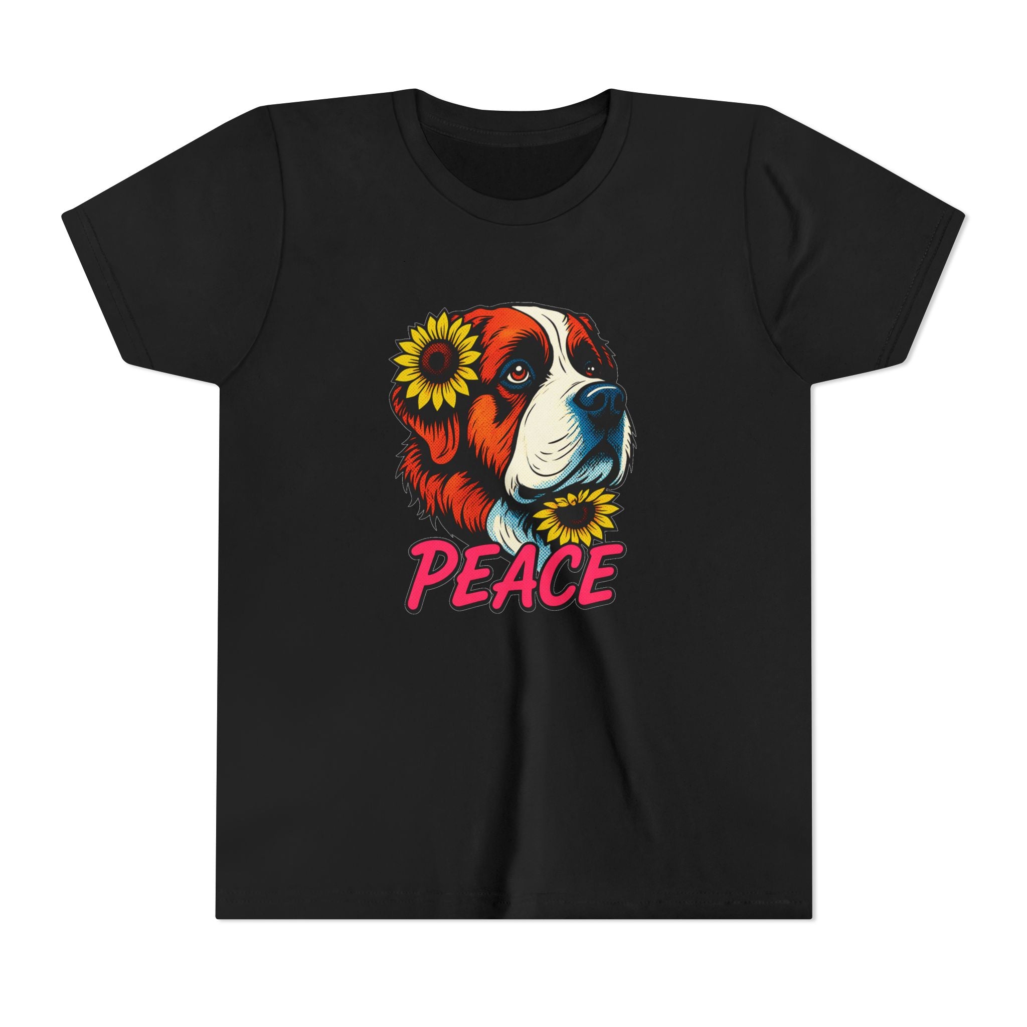 Youth Tee — Saint Bernard Dog with Sunflowers "Peace" Graphic