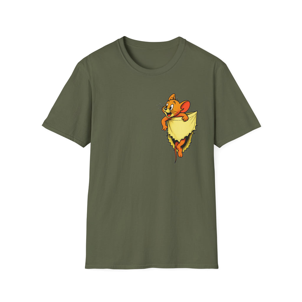 Jerry Pocket Tee — Cute Cartoon Mouse Peeking From Cheese T-Shirt