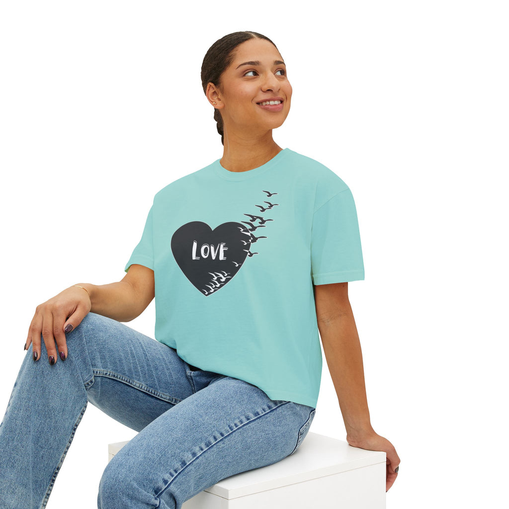 Love Bird Heart Boxy Tee — Women's Casual Graphic Shirt