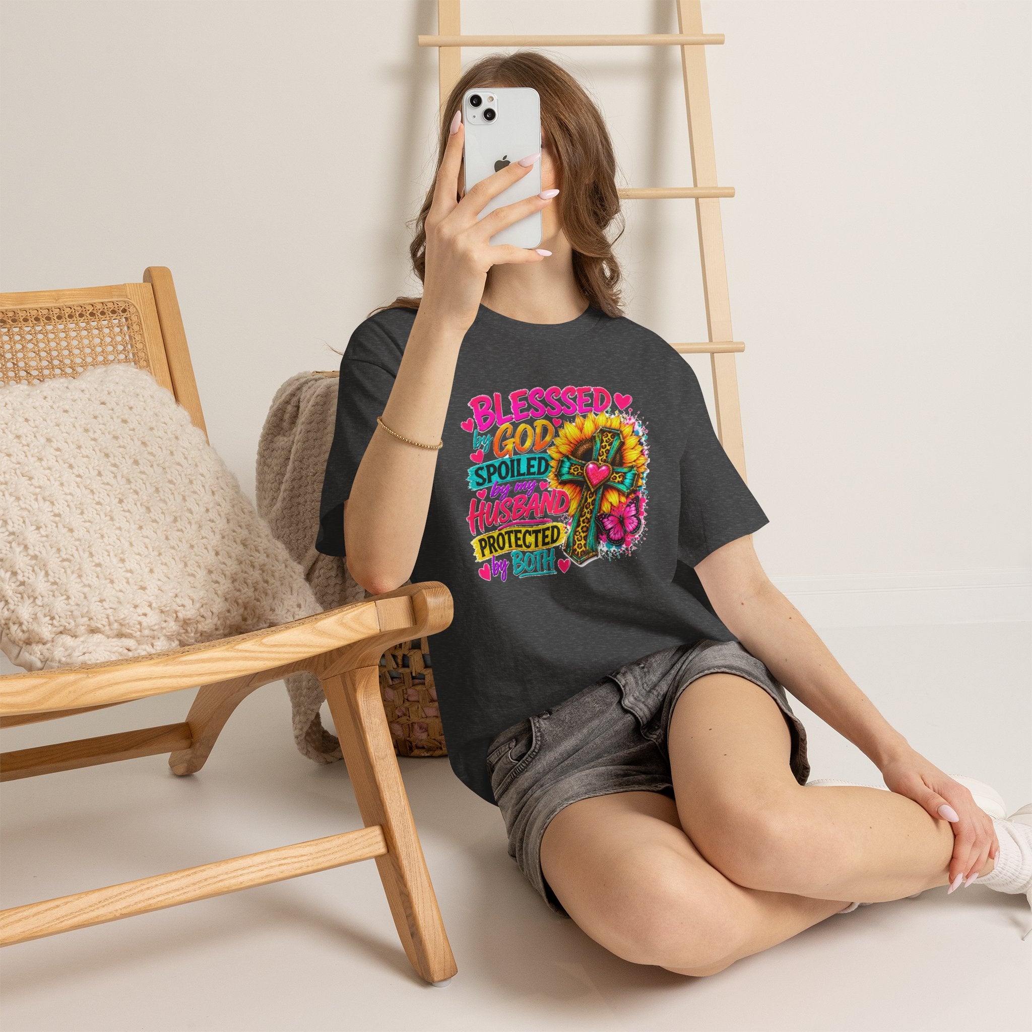 Blessed by God Spoiled by My Husband Shirt, Christian Floral Cross Tee, Faith Graphic T-Shirt for Women, Religious Gift for Wife, Cute Church Shirt