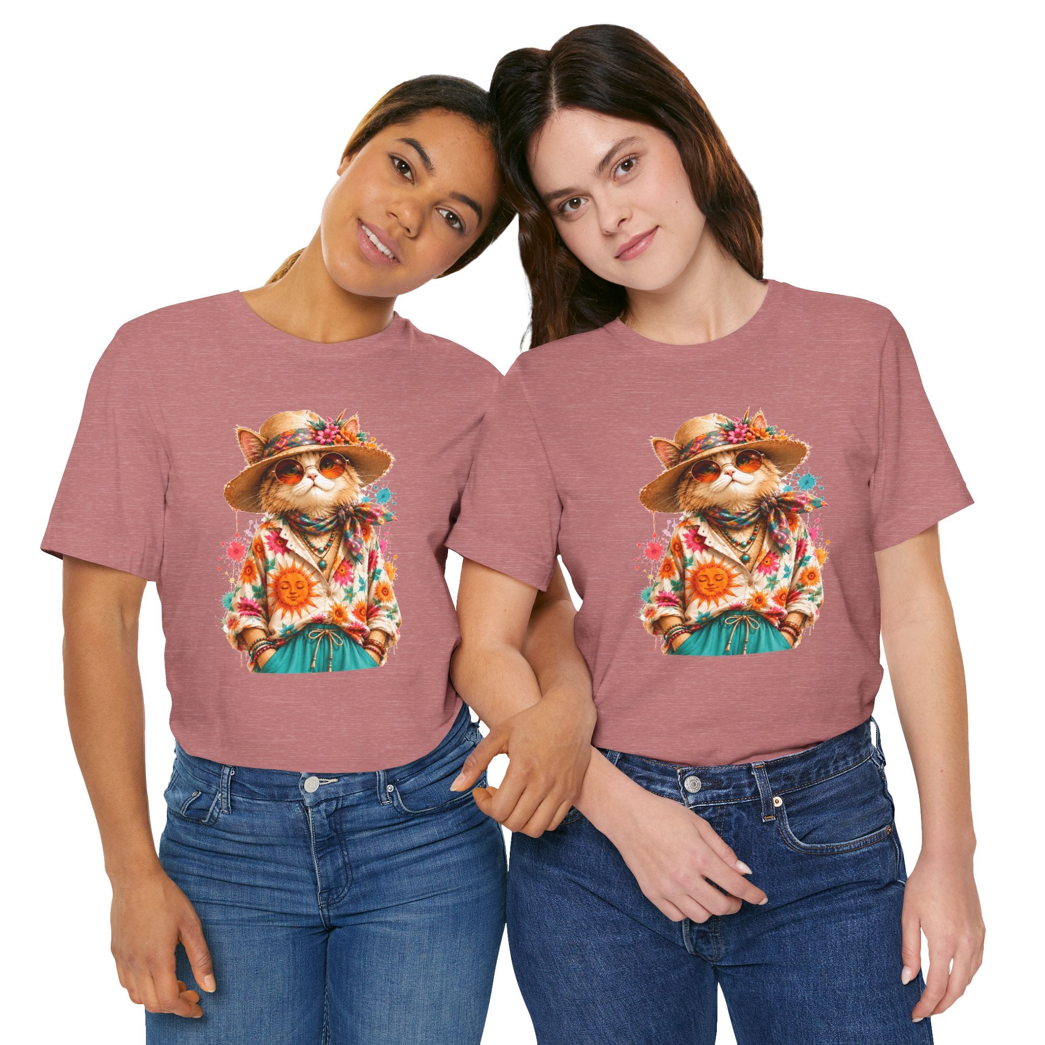Boho Cat Graphic Tee — Floral Hat & Sunshine Cat T-Shirt