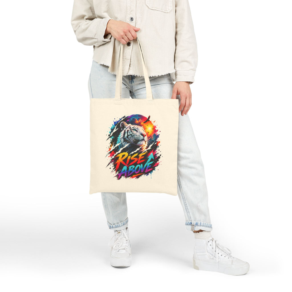 Rise Above Tiger Tote Bag | Colorful White Tiger Canvas Bag | Motivational Tote | Neon Animal Art | Reusable Shopping Bag | Gift for Tiger Lovers