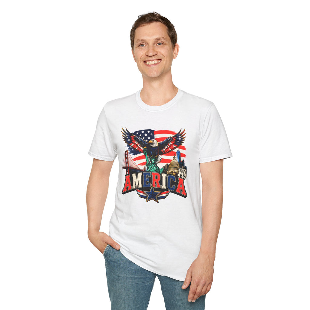 America Eagle Graphic T-Shirt — Patriotic USA Flag & Landmarks Tee (Statue of Liberty, Golden Gate, Capitol, Route 66)