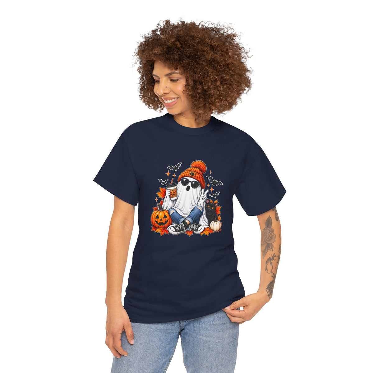 Halloween Ghost T-Shirt, Cute Spooky Pumpkin Cat Tee, Cozy Fall Coffee Graphic Shirt, Halloween Gift for Her
