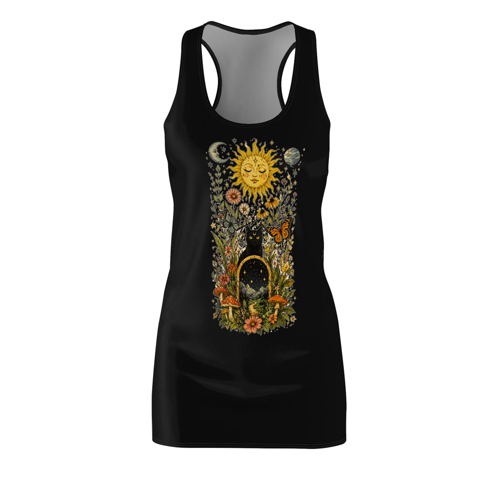Celestial Sunflower Racerback Dress — Boho Sun & Moon Floral Graphic
