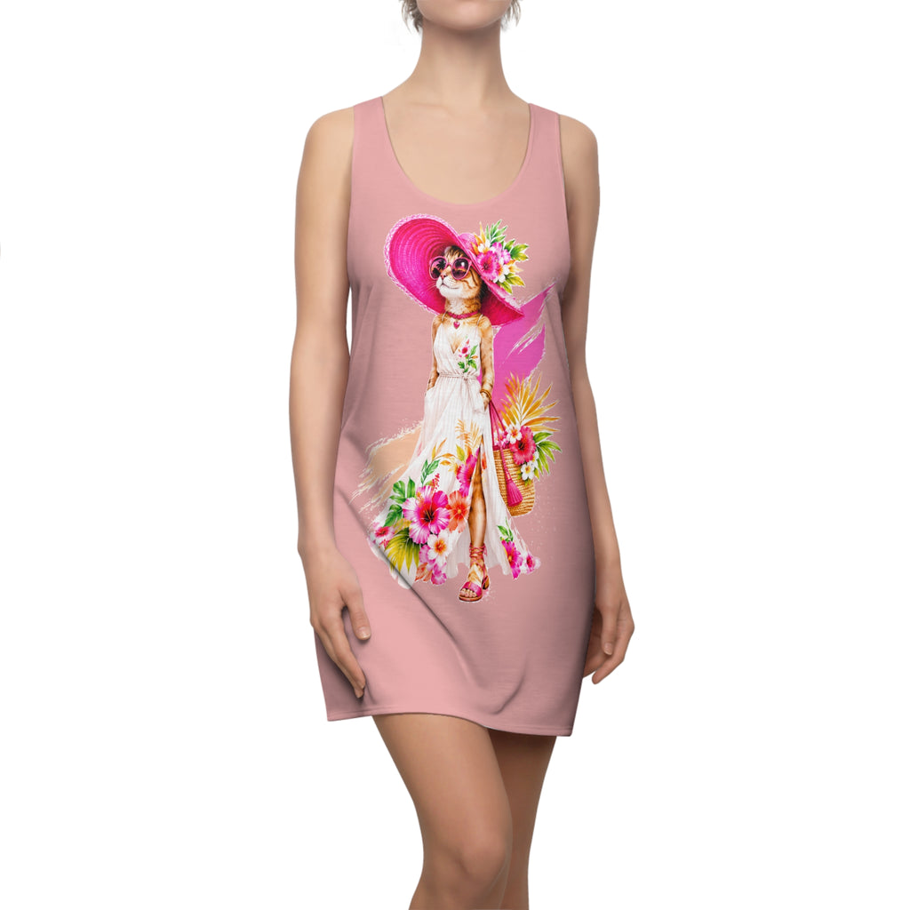 Floral Cat Racerback Dress for Women | Cute Summer Sundress | Boho Cat Print Casual Beach Dress | Gift for Cat Lovers
