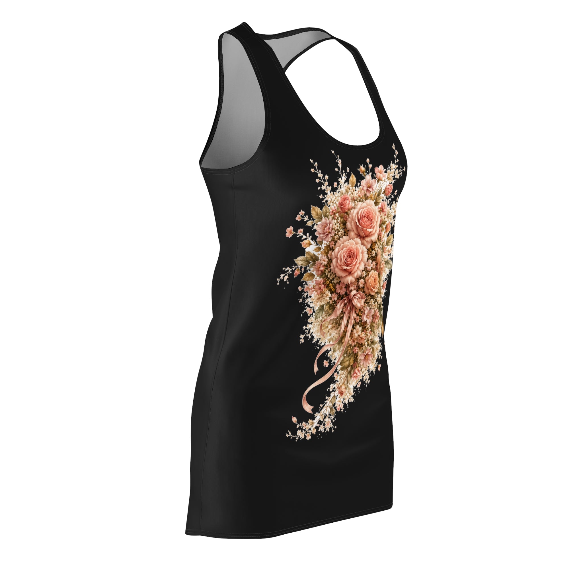 Floral Rose Bouquet Racerback Dress — Vintage Peach Roses on Black