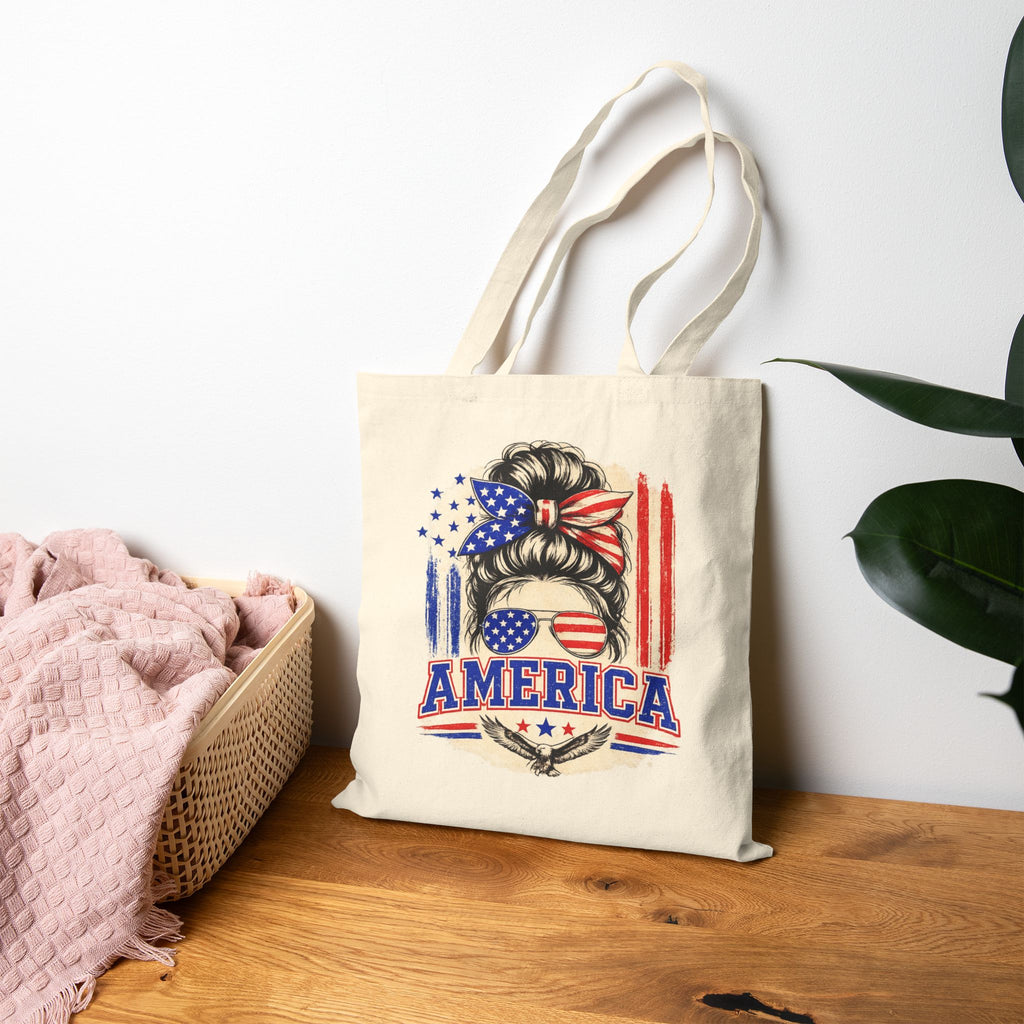 America Flag Hair Messy Bun Tote Bag — Patriotic 4th of July Cotton Canvas Tote