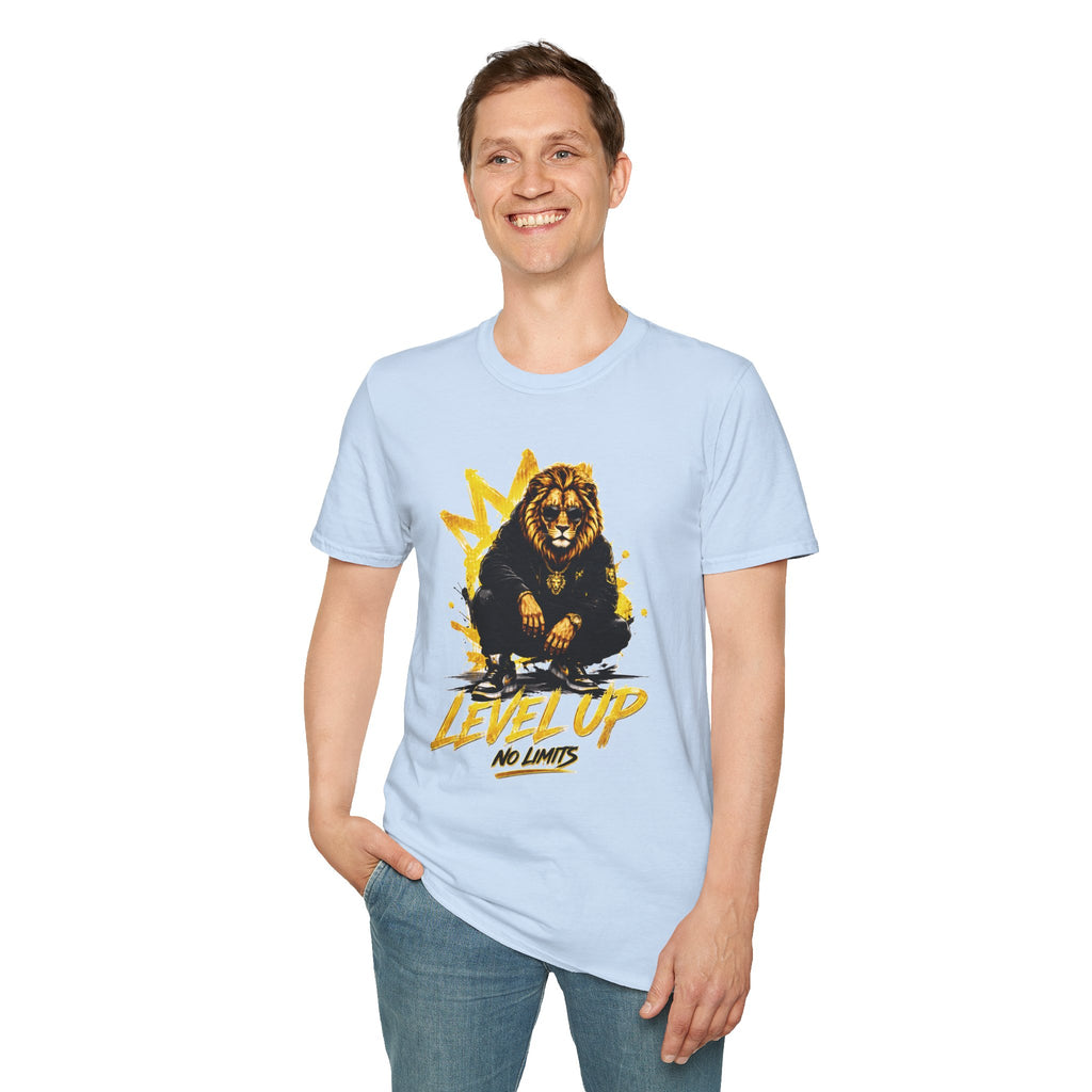 Lion 'Level Up No Limits' T-Shirt — Motivational Graphic Tee for Ambitious Souls