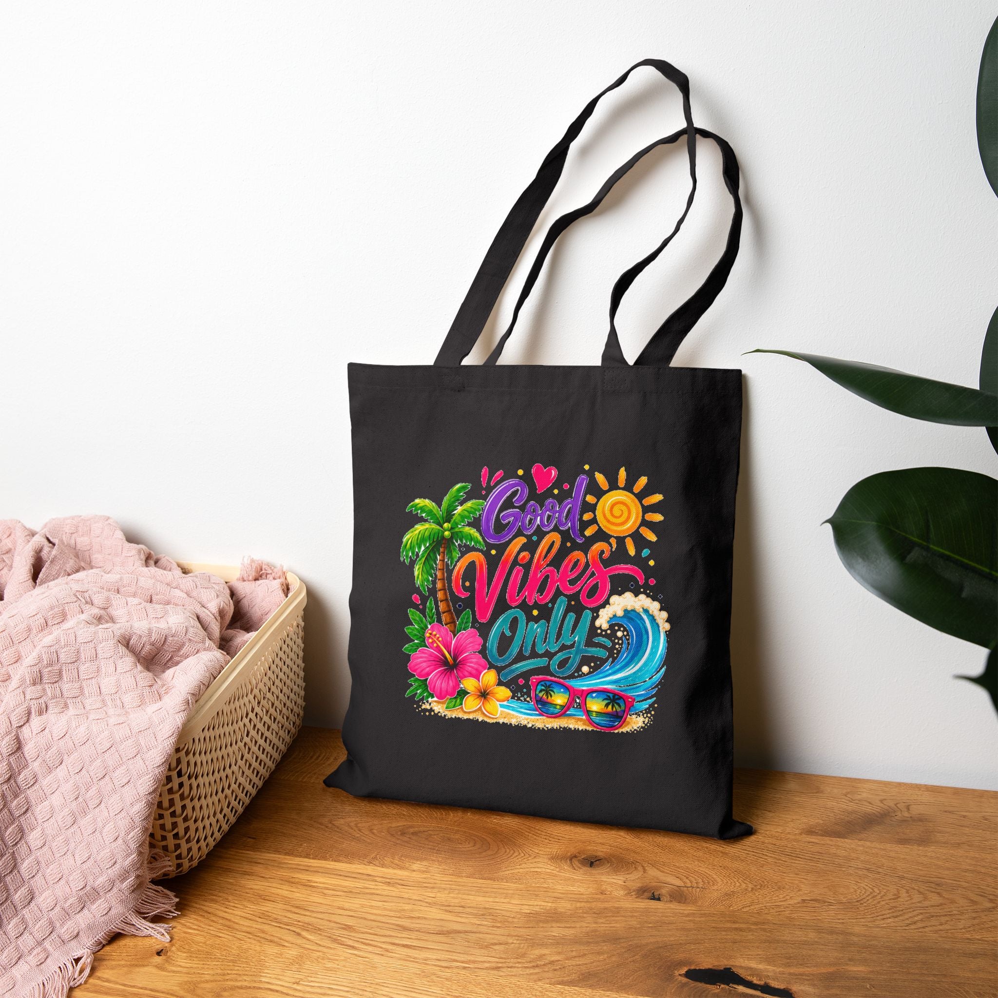 Good Vibes Only Beach Tote Bag, Tropical Canvas Shopper, Summer Vacation Tote, Coastal Gift for Women