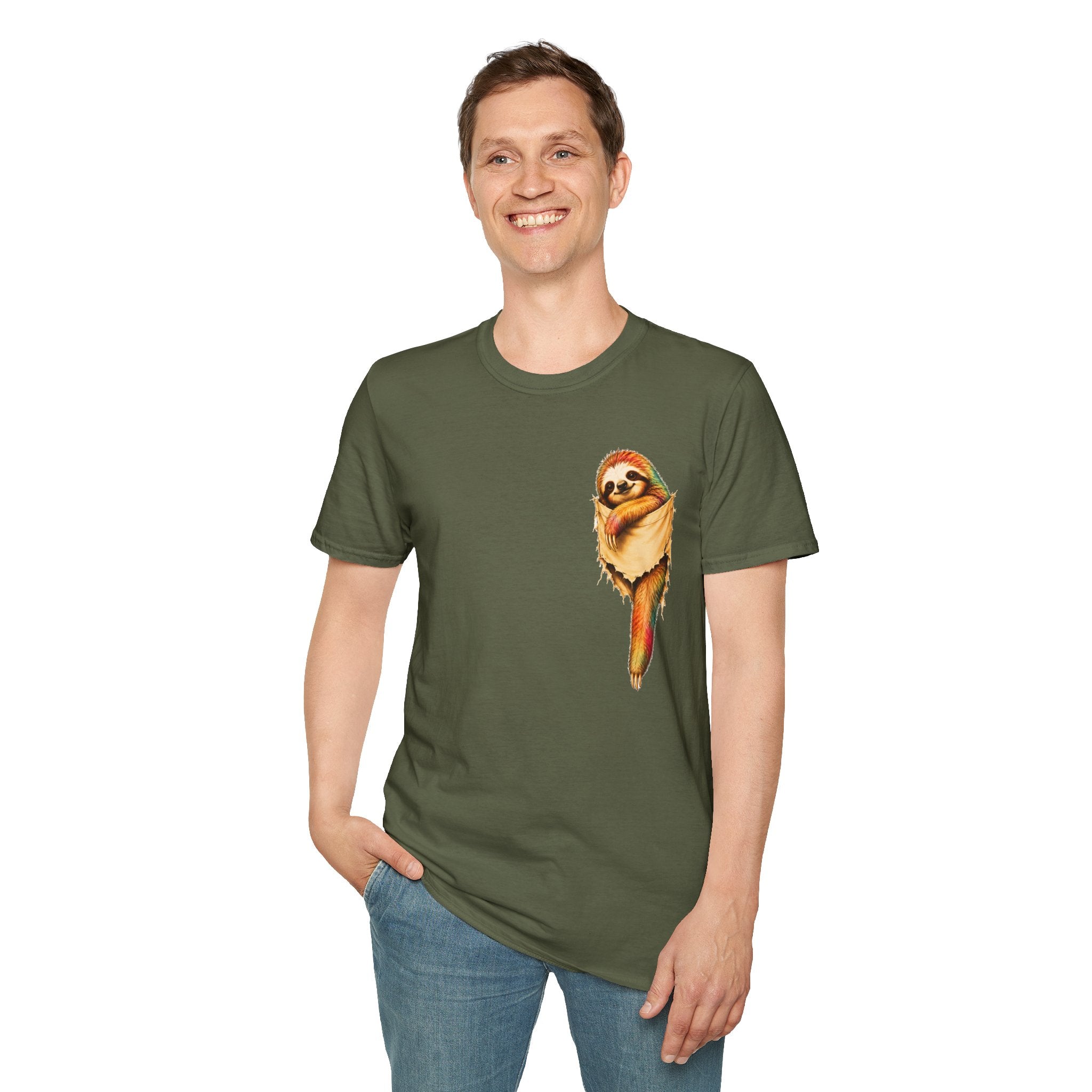 Sloth Pocket Tee — Cute Hugging Sloth Graphic T-Shirt