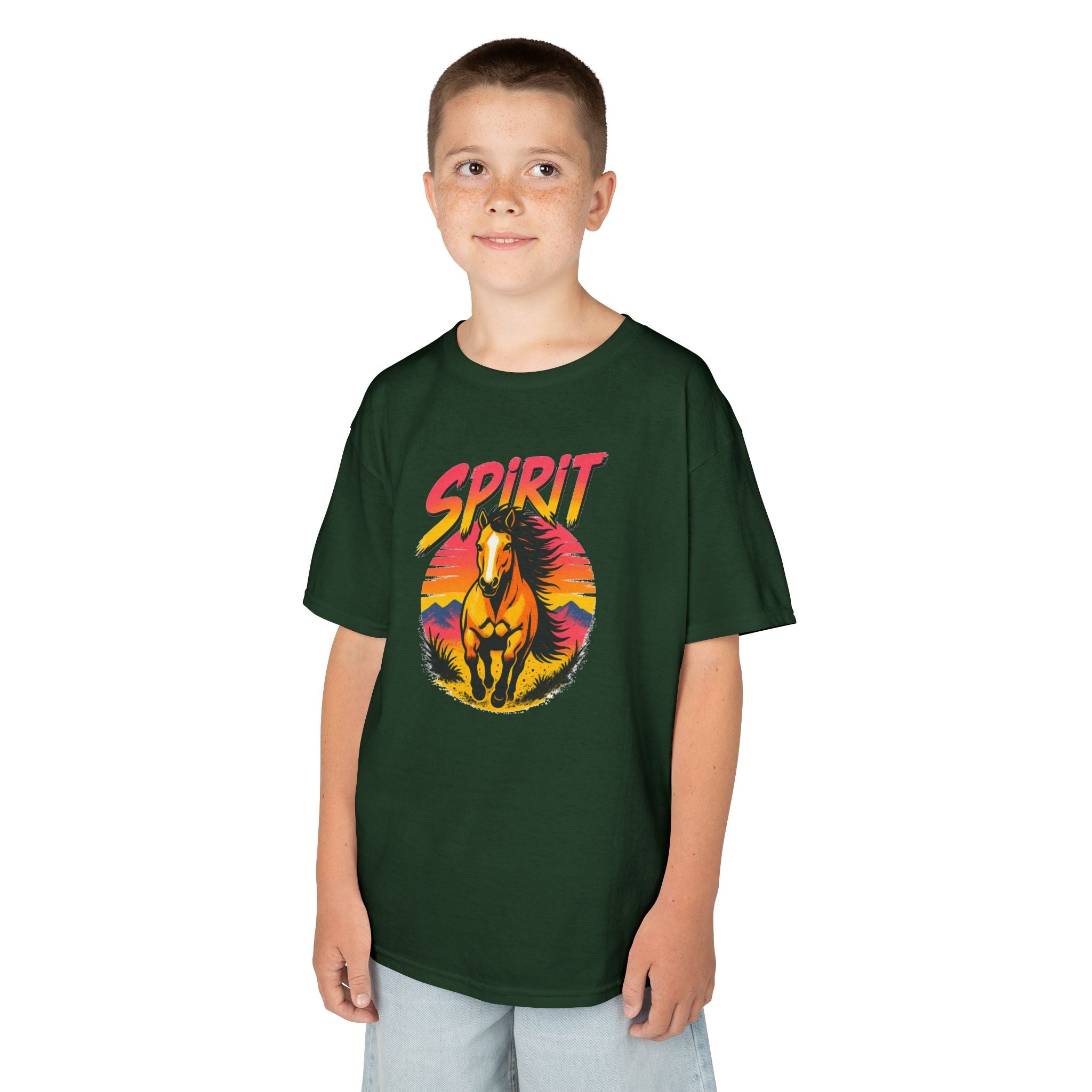 Spirit Horse Kids T‑Shirt — Retro Sunset Wild Horse Graphic Tee