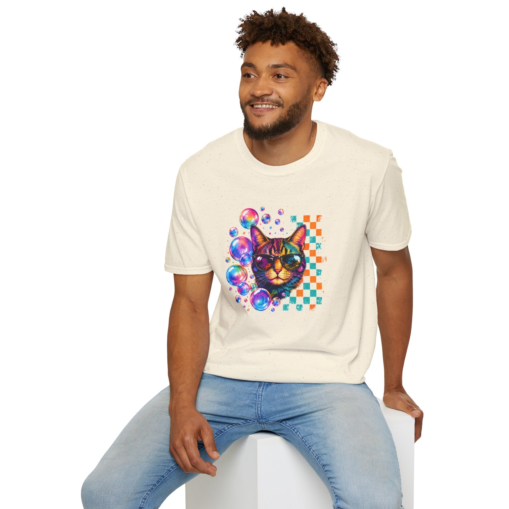 Colorful Cat Sunglasses T-Shirt, Retro Pop Art Cat Tee, Fun Graphic Shirt