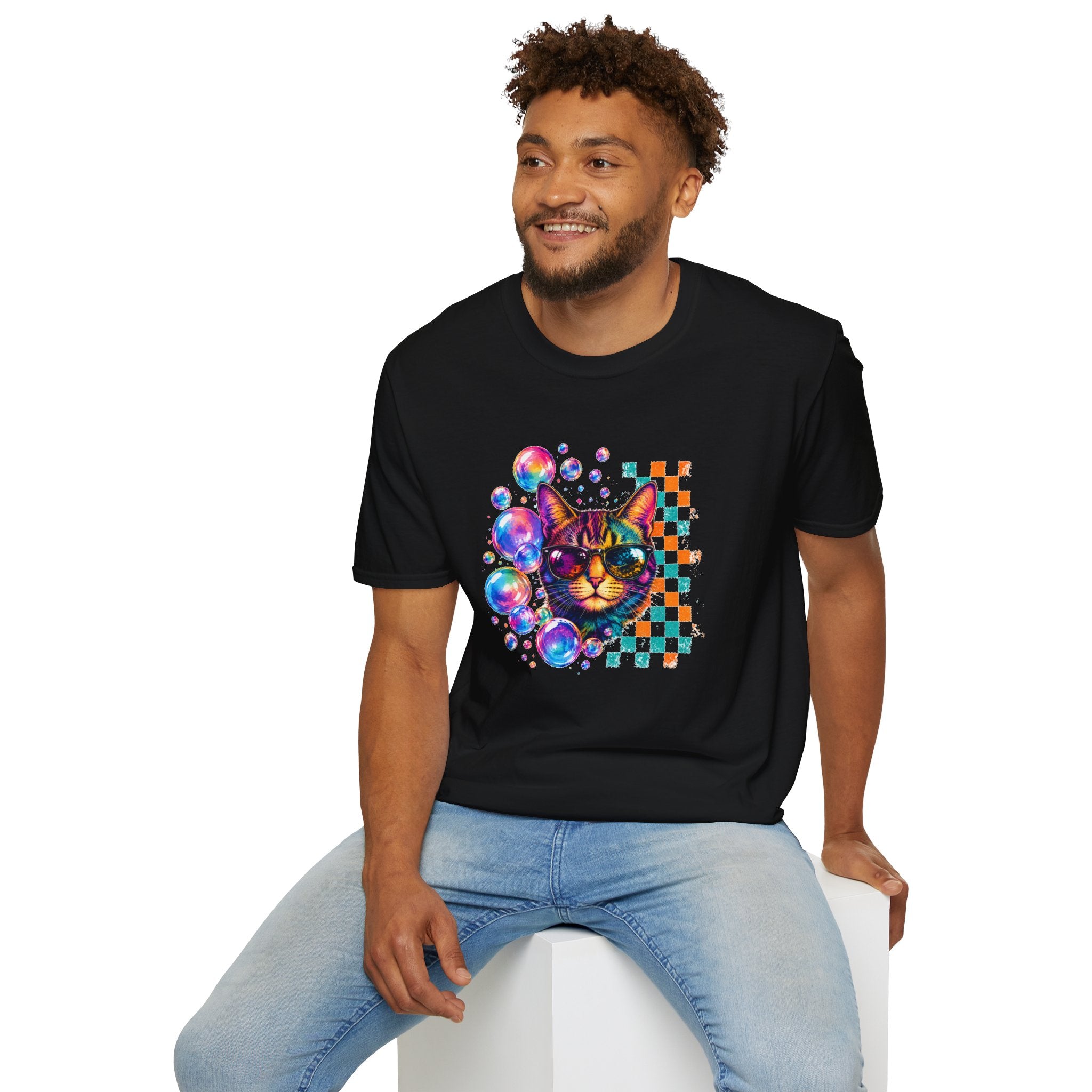 Colorful Cat Sunglasses T-Shirt, Retro Pop Art Cat Tee, Fun Graphic Shirt