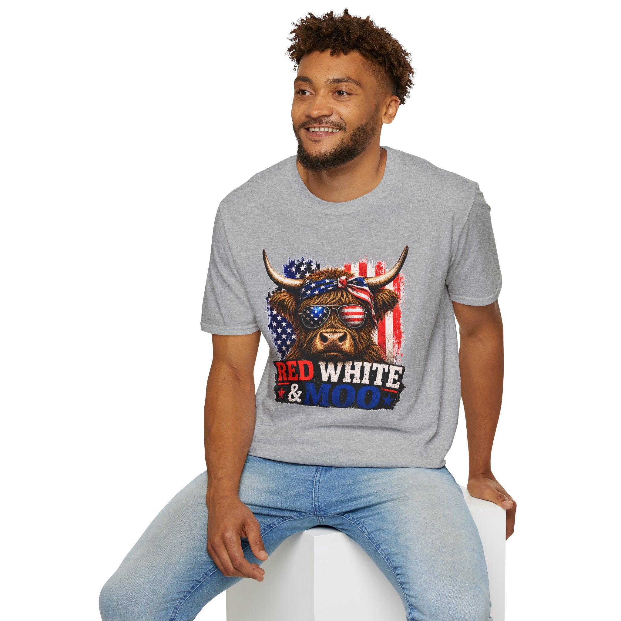 Patriotic Cow Graphic T-Shirt — "Red White & Moo" American Flag Tee