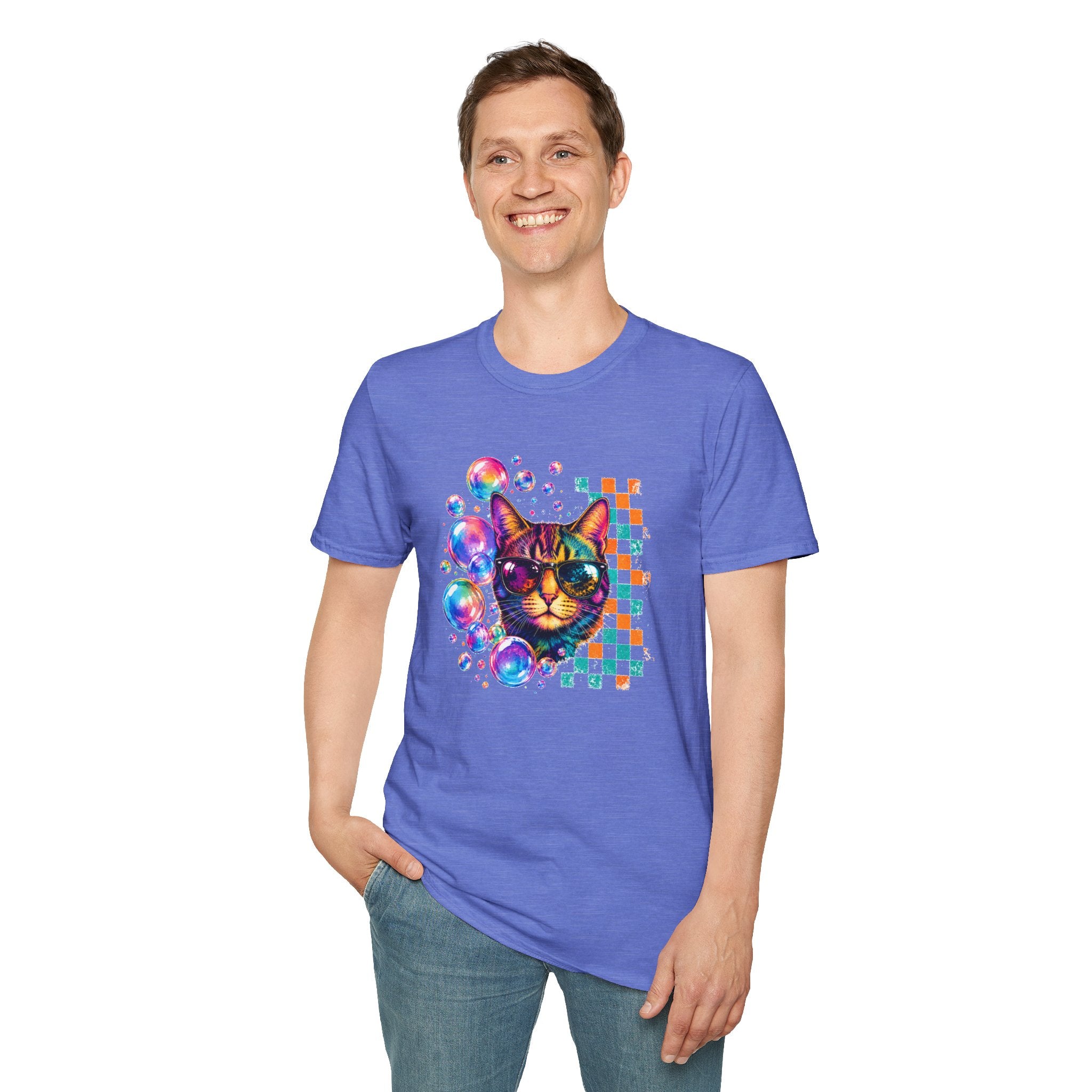 Colorful Cat Sunglasses T-Shirt, Retro Pop Art Cat Tee, Fun Graphic Shirt