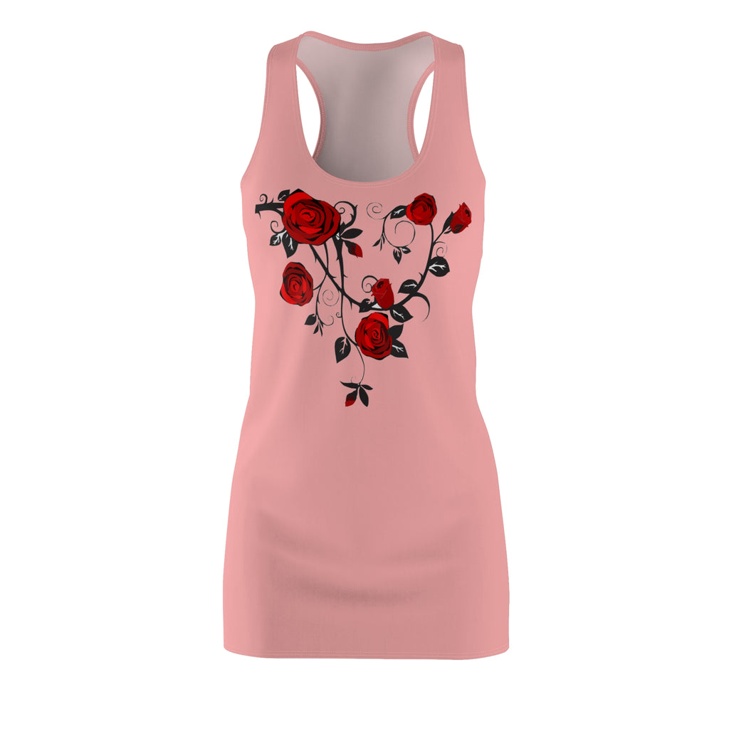 Pink Floral Dress with Red Roses | Lightweight Summer Racerback Dress