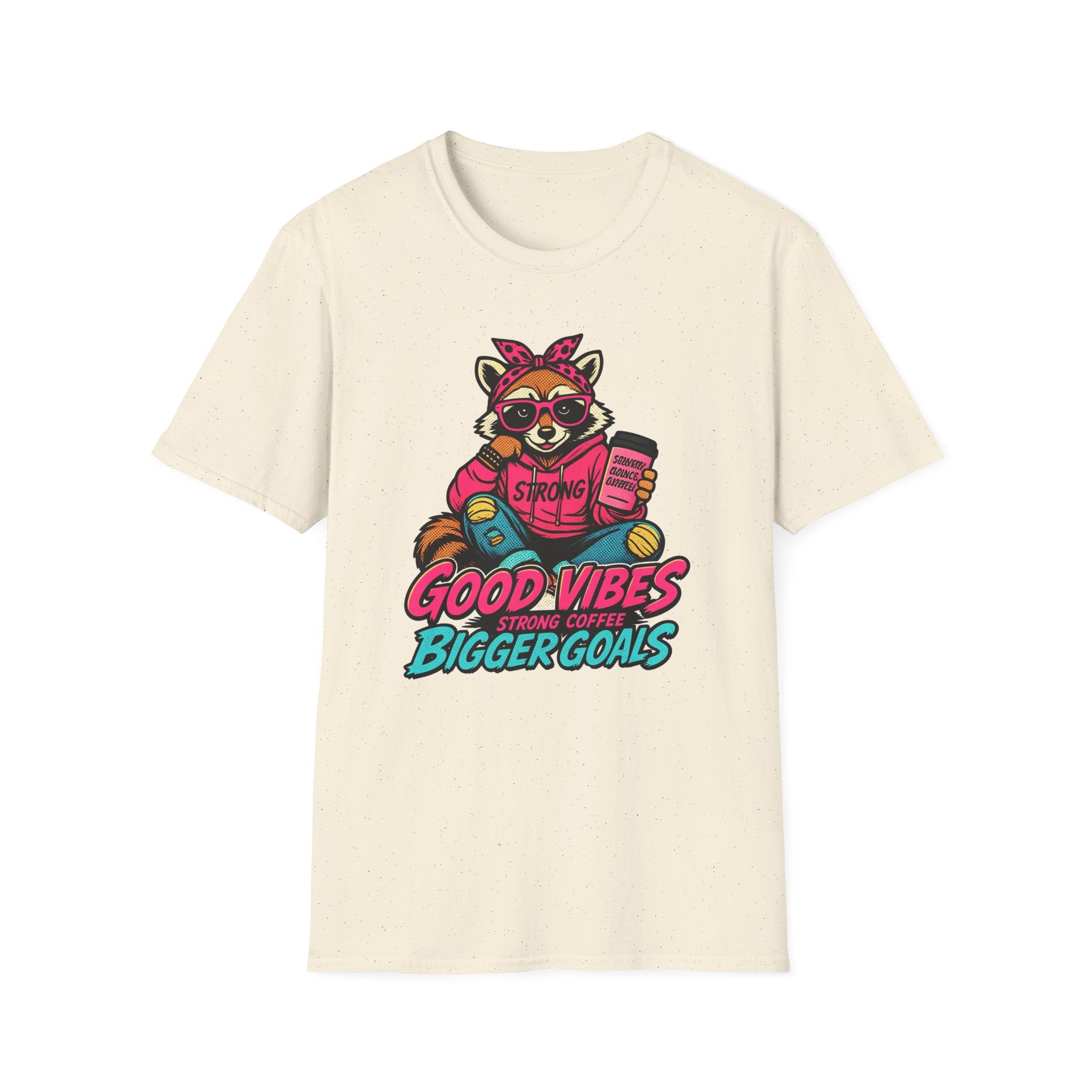Good Vibes Bigger Goals T-Shirt — Raccoon Coffee Motivation Tee
