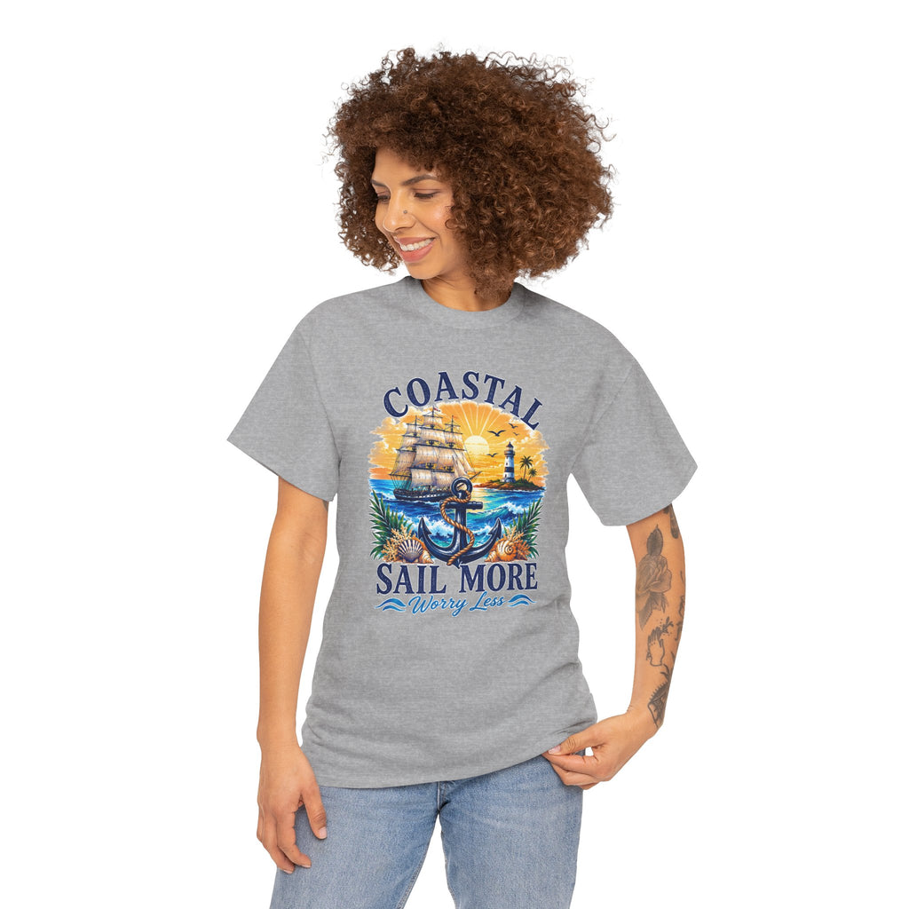 Coastal Sail More Worry Less T-Shirt | Nautical Beach Graphic Tee | Sailing Lover Shirt | Ocean Sunset Gift