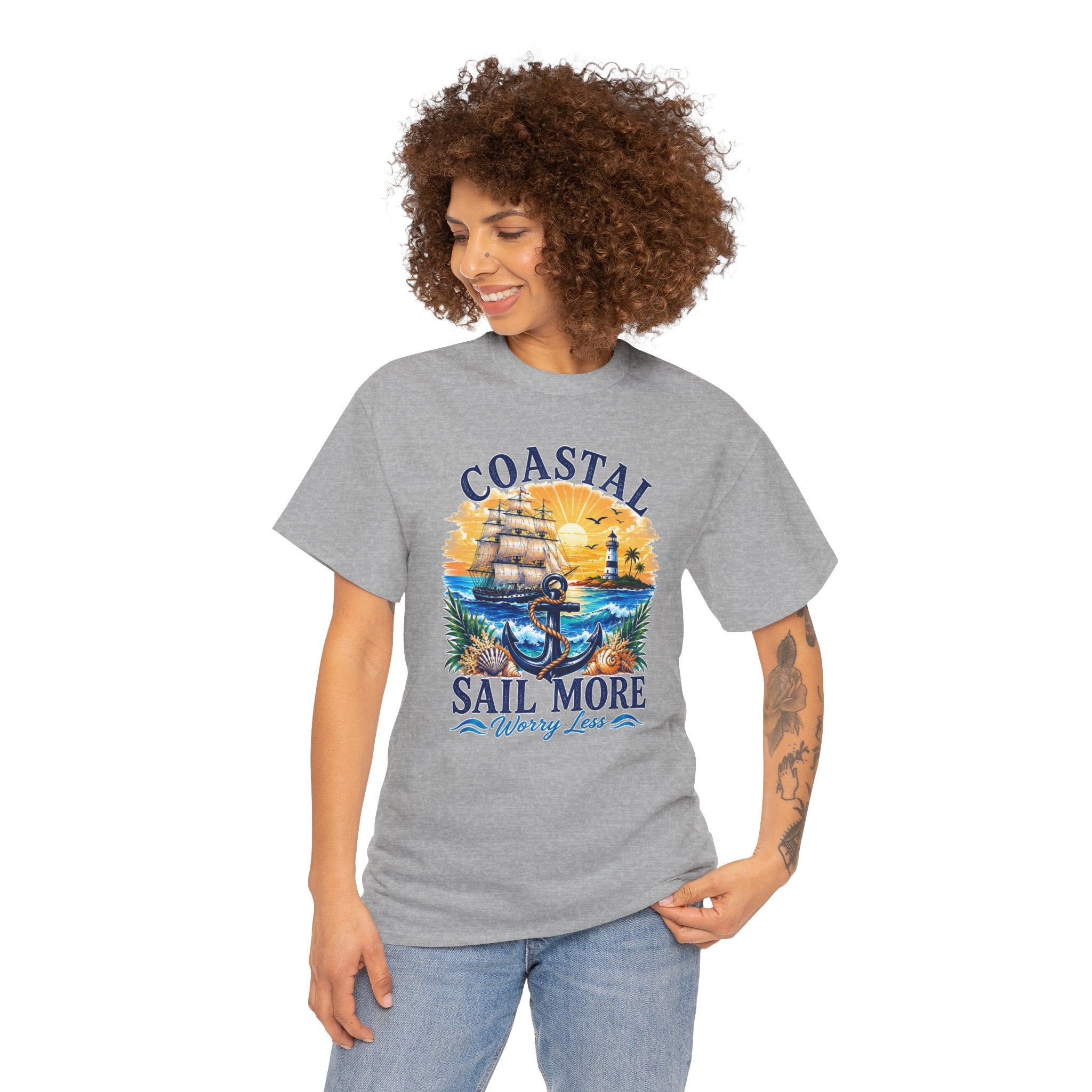 Coastal Sail More Worry Less T-Shirt | Nautical Beach Graphic Tee | Sailing Lover Shirt | Ocean Sunset Gift