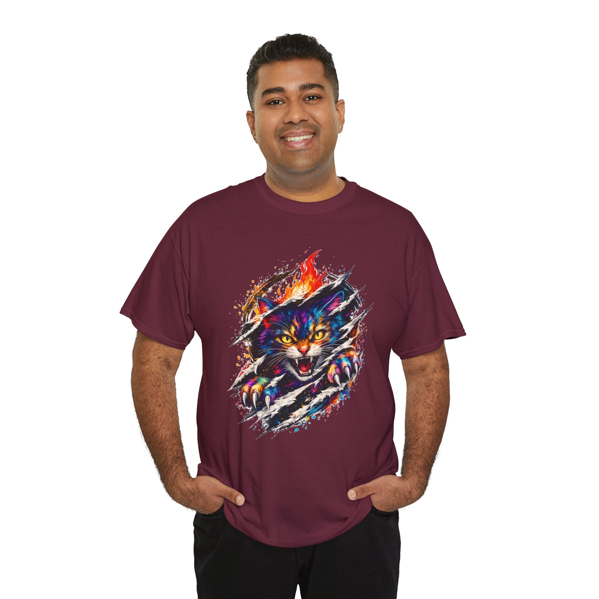 Colorful Angry Cat Rip Through Graphic Tee | Neon Cat T-Shirt | Unisex Streetwear Shirt | Fierce Cat Art | Gift for Cat Lovers