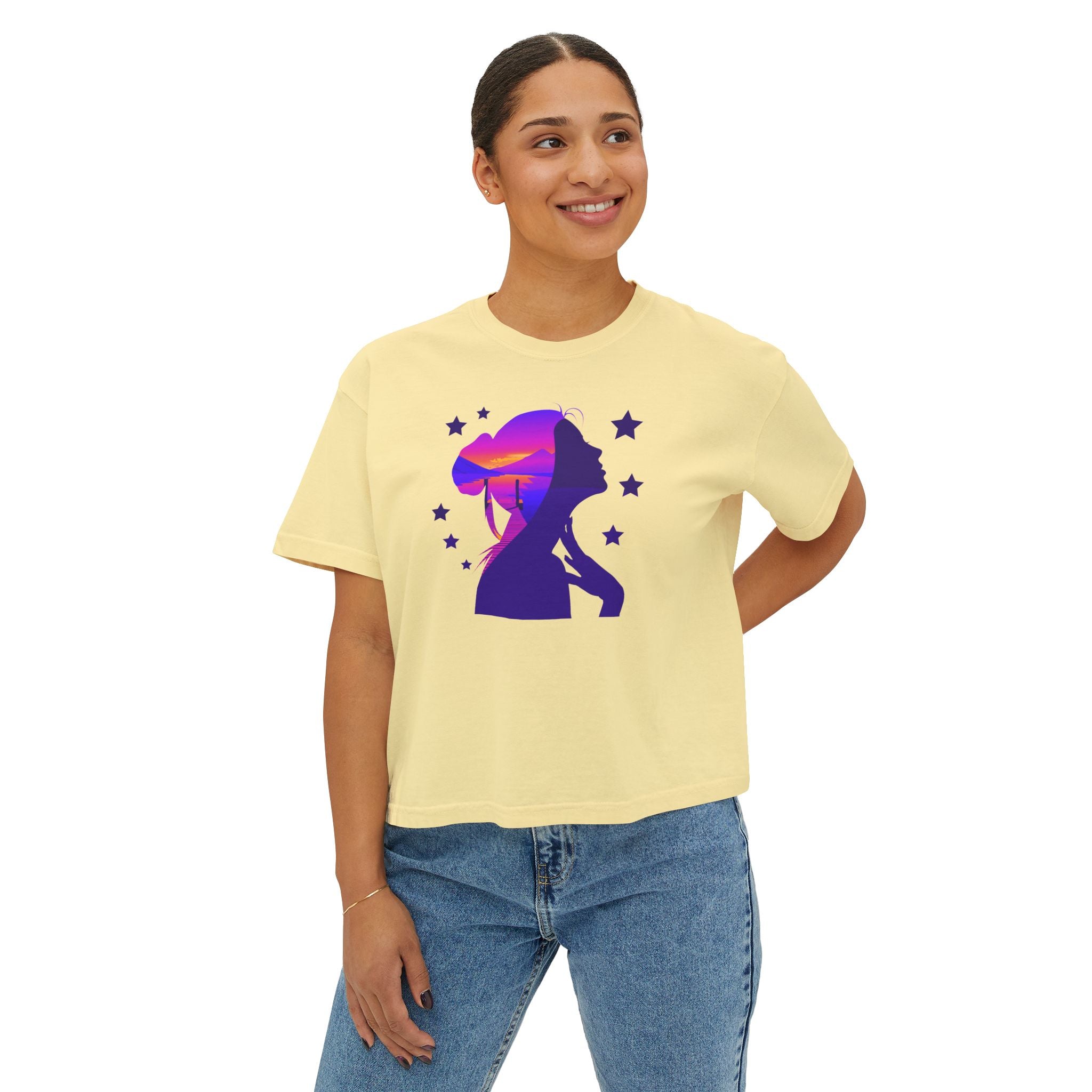 Women's Boxy Tee — Purple Sunset Silhouette Tee for Girls & Teens