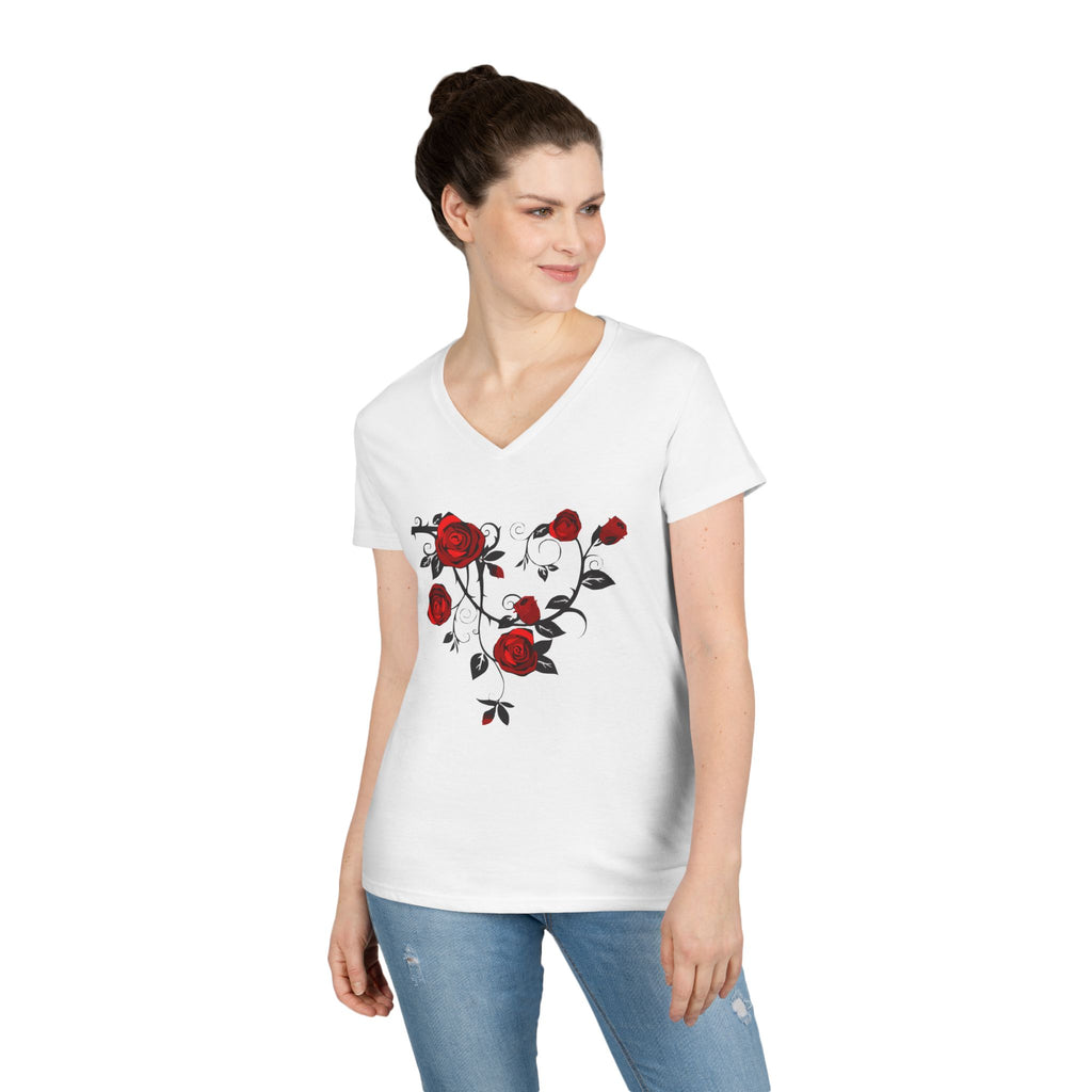 Rose Heart V-Neck Tee — Floral Red Roses Women's T-Shirt