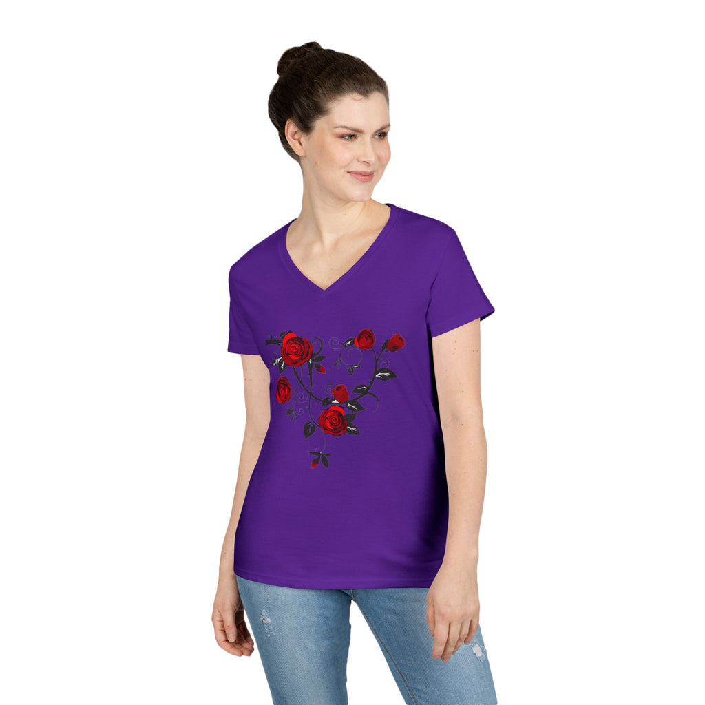 Rose Heart V-Neck Tee — Floral Red Roses Women's T-Shirt
