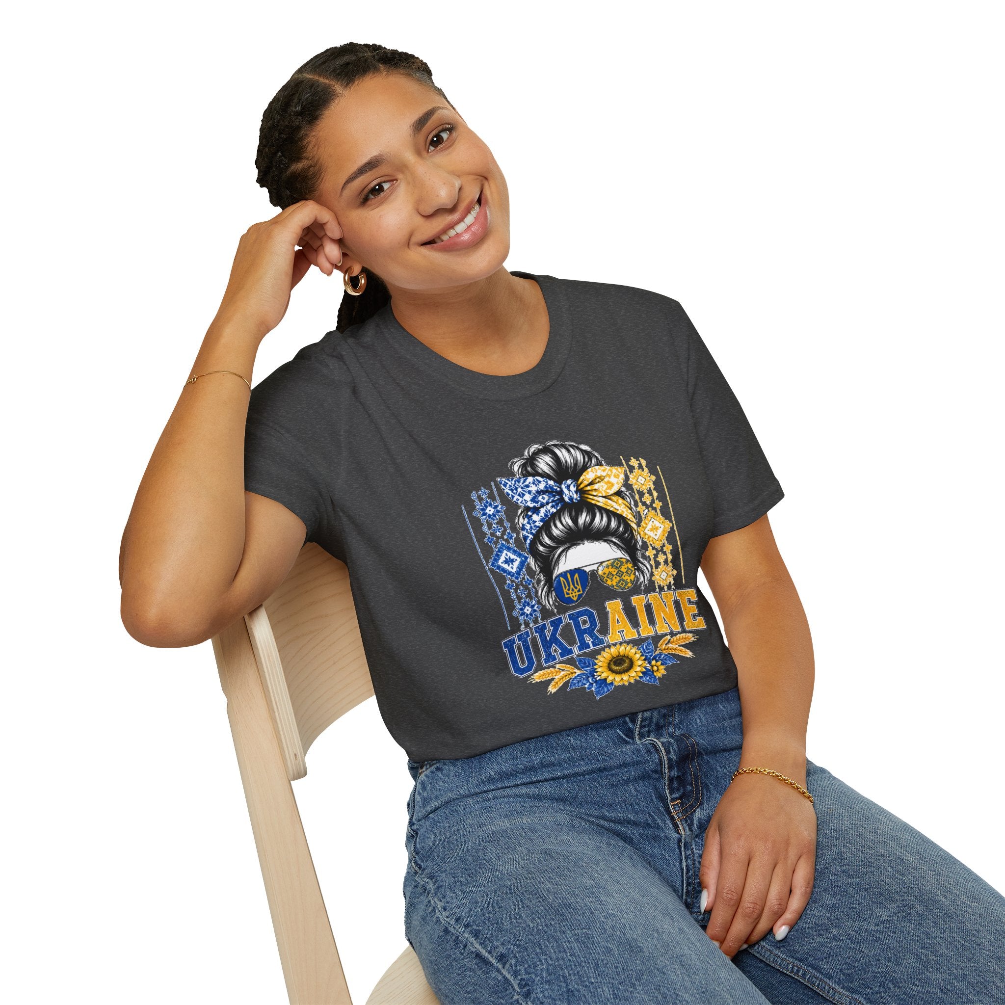 Ukraine Sunflower Hair Bun T-Shirt — Messy Bun with Blue & Yellow Bandana