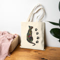 Cat Lover Tote Bag, Colorful Cat Art with Paw Prints, Cute Canvas Bag