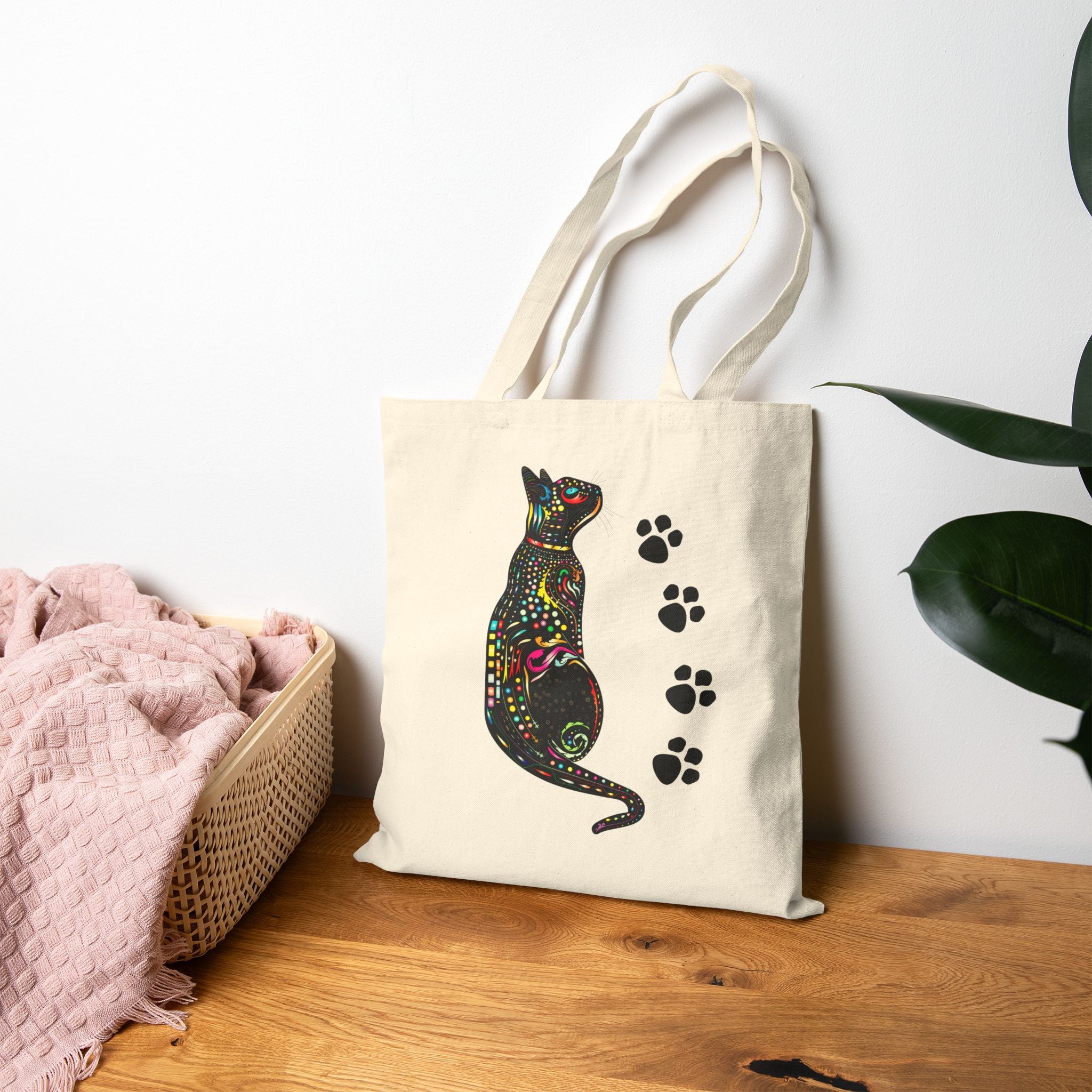 Cat Lover Tote Bag, Colorful Cat Art with Paw Prints, Cute Canvas Bag