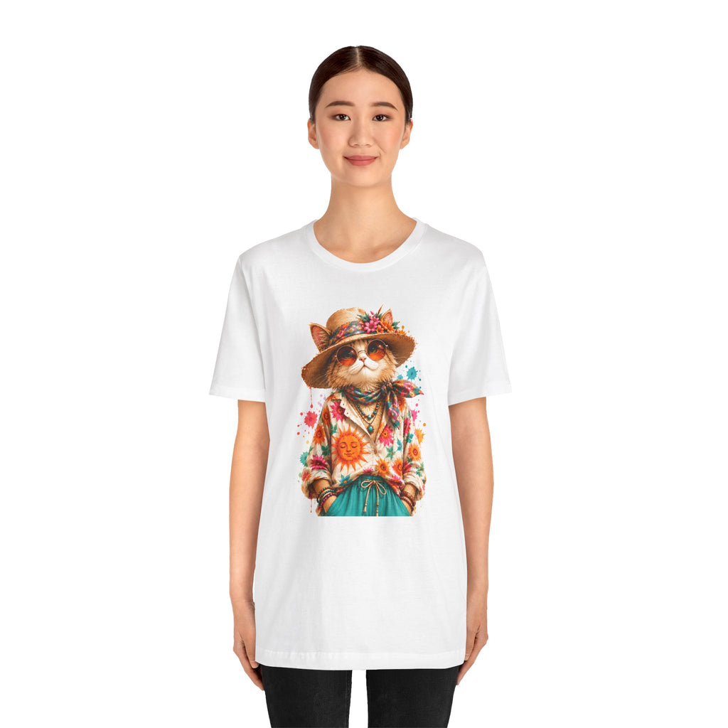 Boho Cat Graphic Tee — Floral Hat & Sunshine Cat T-Shirt