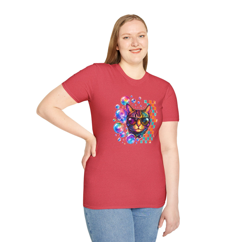 Colorful Cat Sunglasses T-Shirt, Retro Pop Art Cat Tee, Fun Graphic Shirt