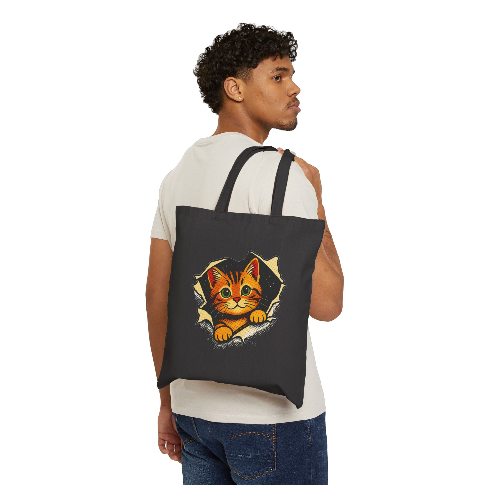 Cat Peeking Tote Bag — Cute Kitten Canvas Grocery & Book Bag
