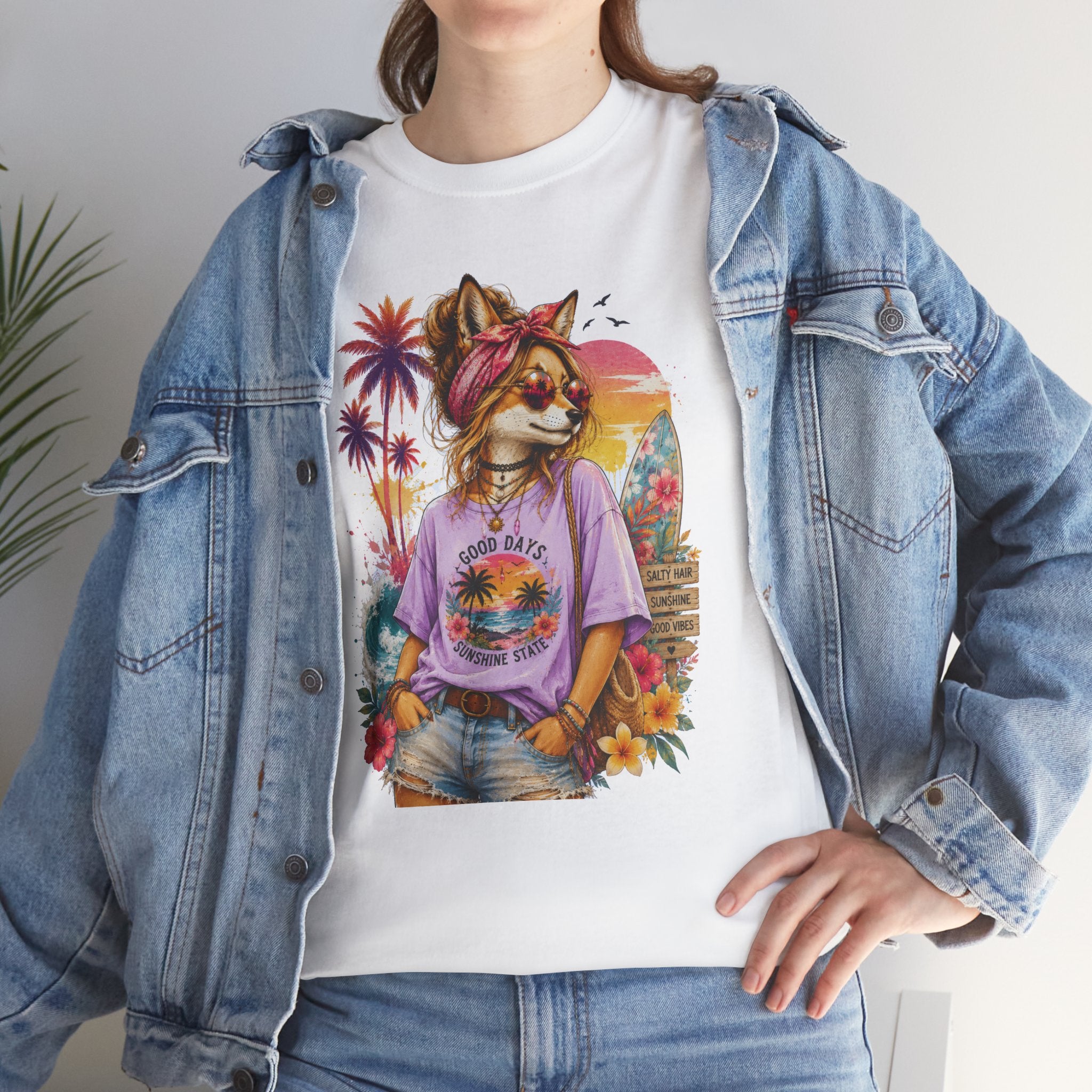 Fox Beach Vibes Shirt, Retro Beach T-Shirt, Summer Sunset Graphic Tee, Coastal Vacation Gift