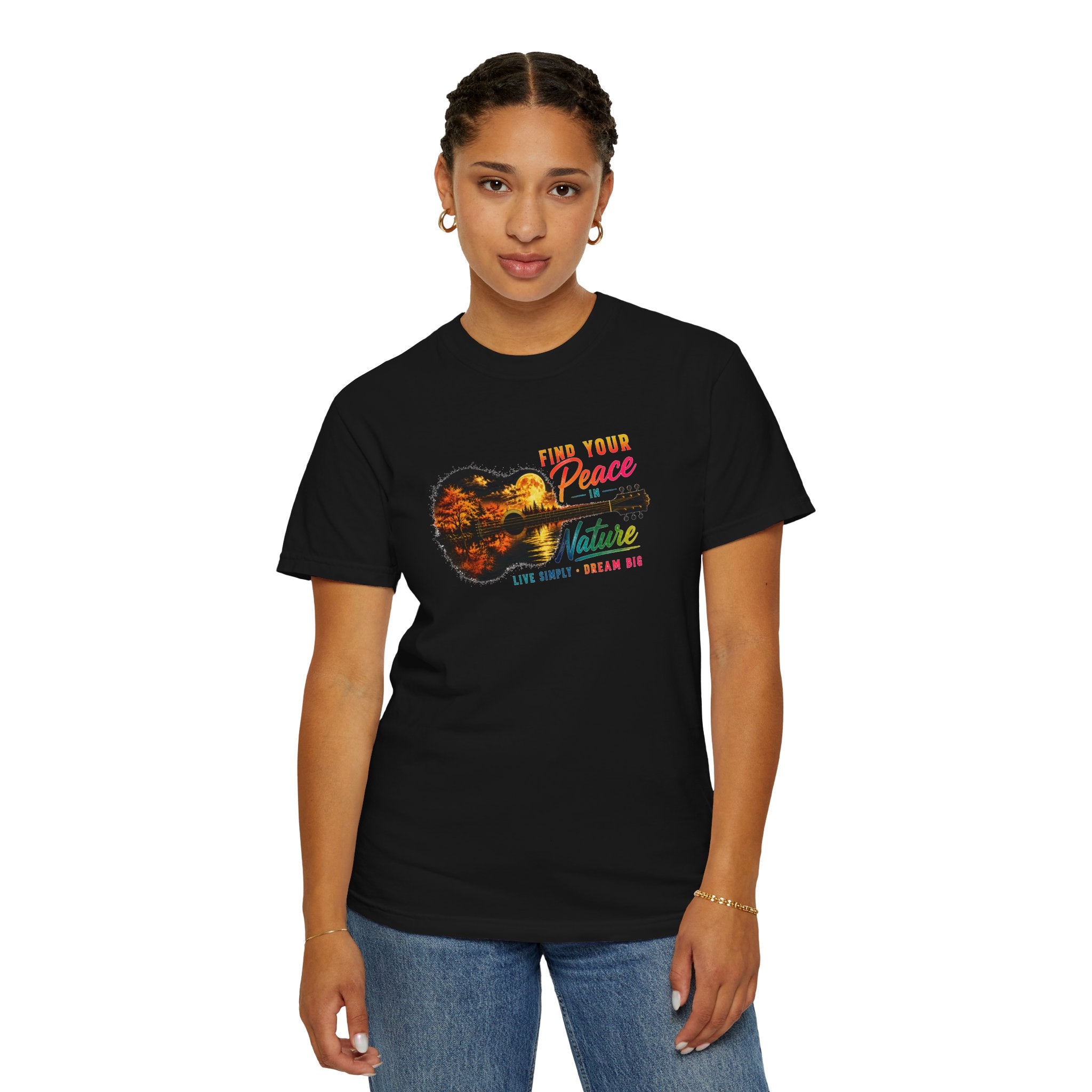 Acoustic Guitar Nature T-Shirt, Find Your Peace in Nature Tee, Music Lover Gift, Camping Shirt, Outdoor Graphic Tee, Hiking Shirt